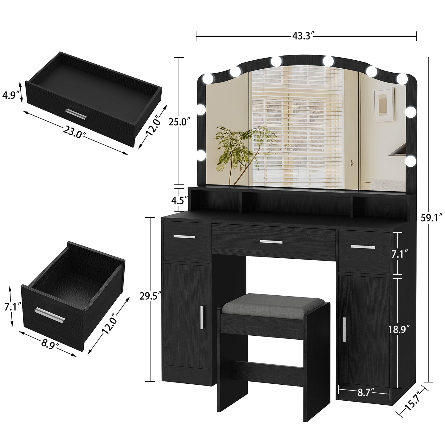 USIKEY Large Vanity Set with Large Lighted Mirror