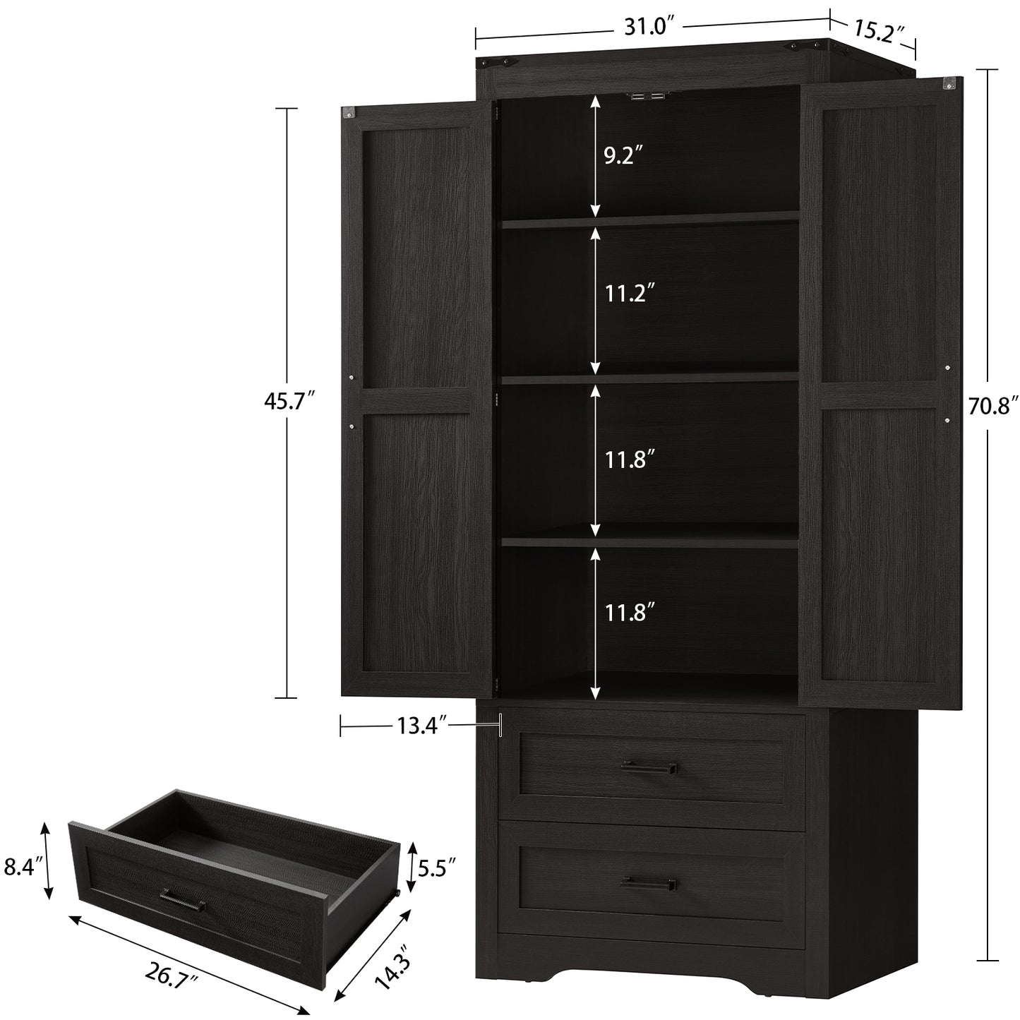 USIEKY 71" H Pantry Cabinet with 2 Drawers & 3 Shelves