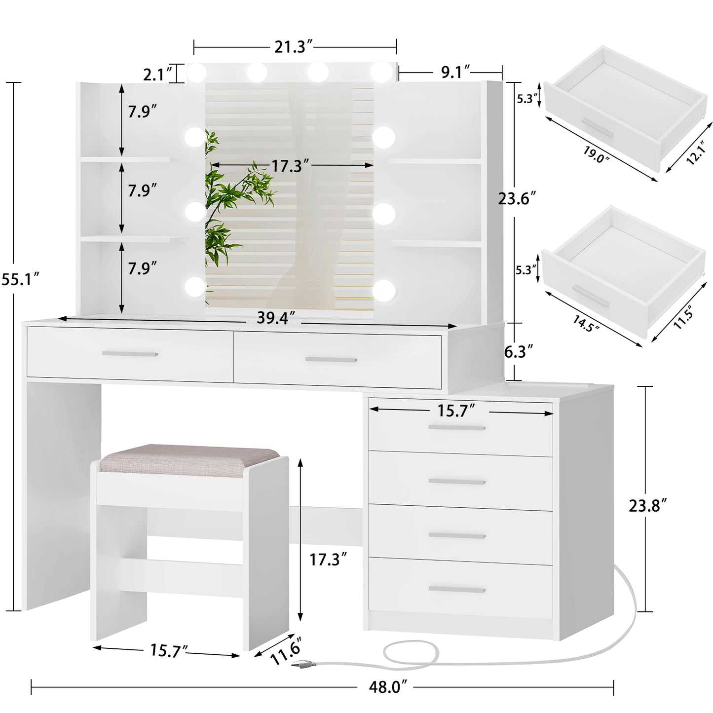 48" Large Vanity Desk with Mirror & Lights, Makeup Vanity Table with 6 Drawers & Power Outlet, 4 Open Storage Shelves, Vanity Desk Set with Stool, for Women Girls