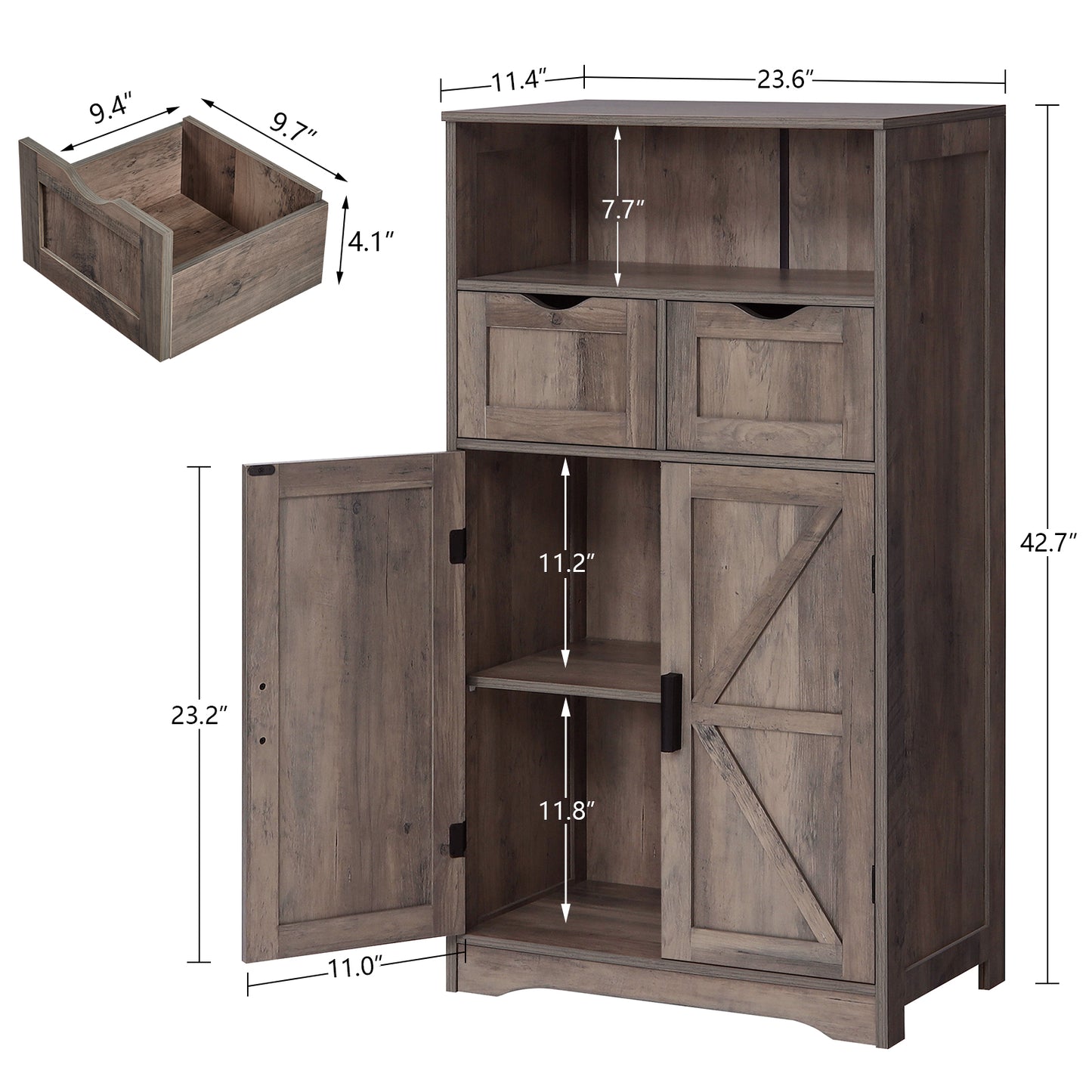 Bathroom Cabinet, Storage Cabinet with 2 Adjustable Drawers & 2 Barn Doors, Standing Cupboard with 2 Shelf, Floor Cabinet for Living Room, Home Office, Kitchen