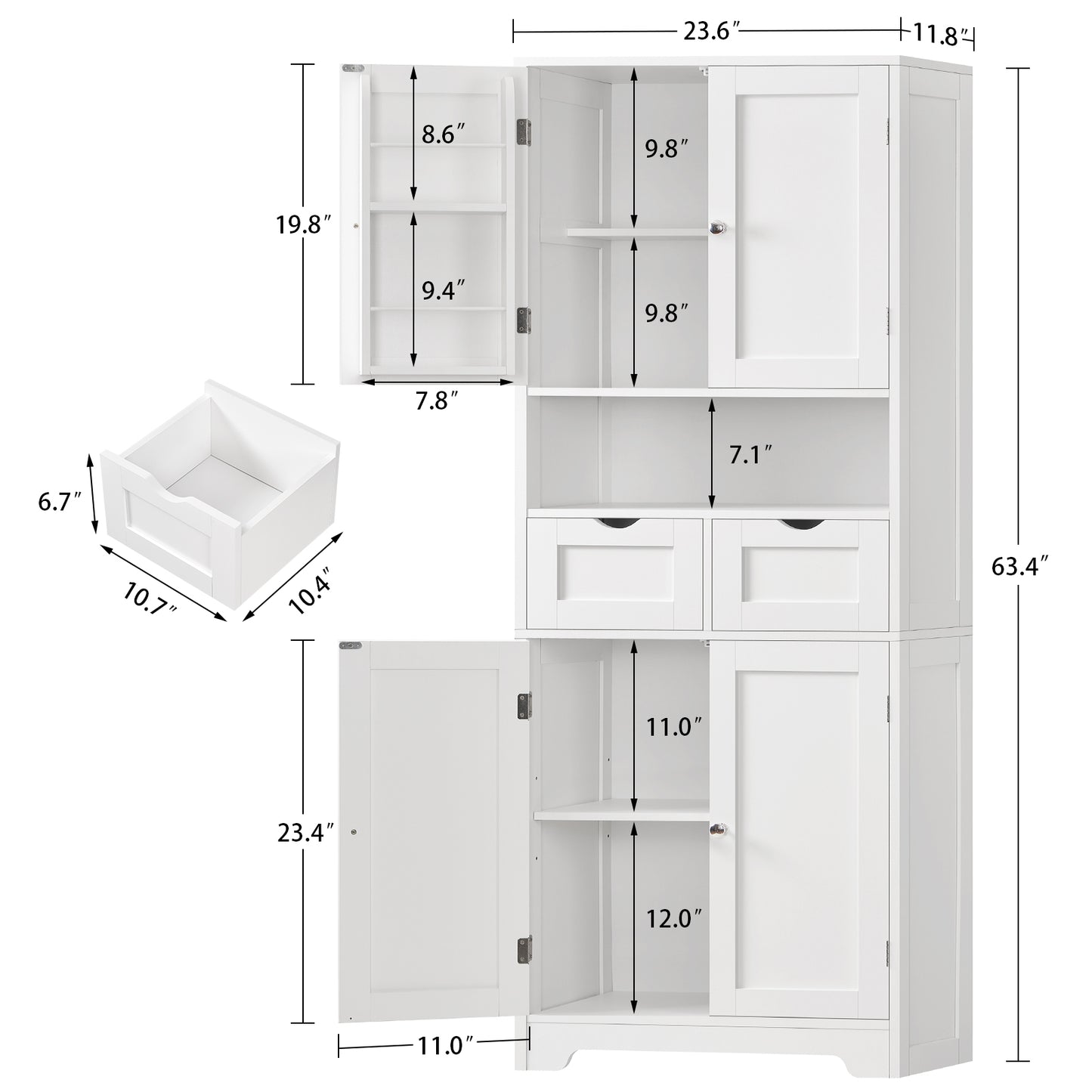 Usikey Kitchen Pantry Cabinet with Adjustable Shelf, Tall Storage Cabinet with 2 Drawers & 4 Door Shelves, Pantry Cabinets for Dining Room, White