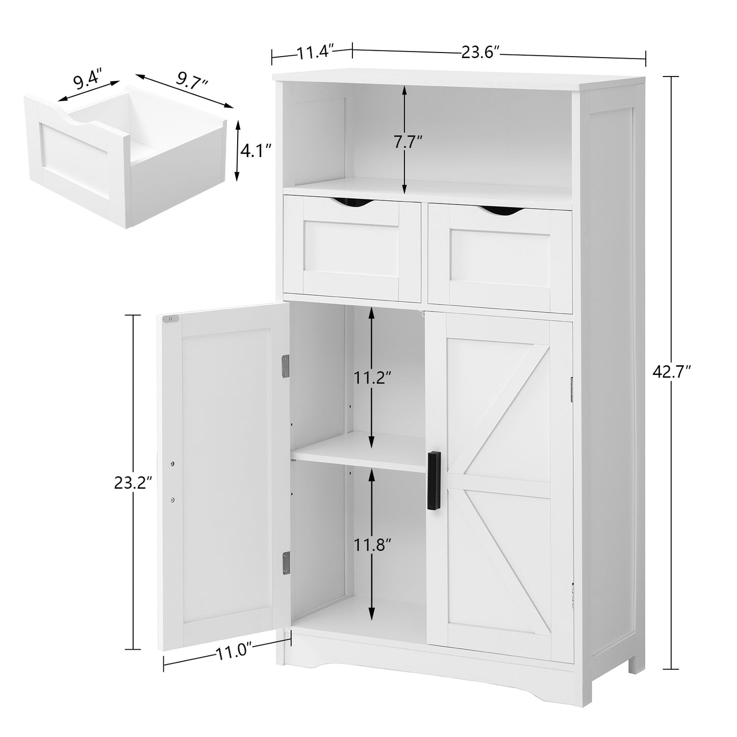 Bathroom Cabinet, Storage Cabinet with 2 Adjustable Drawers & 2 Barn Doors, Standing Cupboard with 2 Shelf, Floor Cabinet for Living Room, Home Office, Kitchen