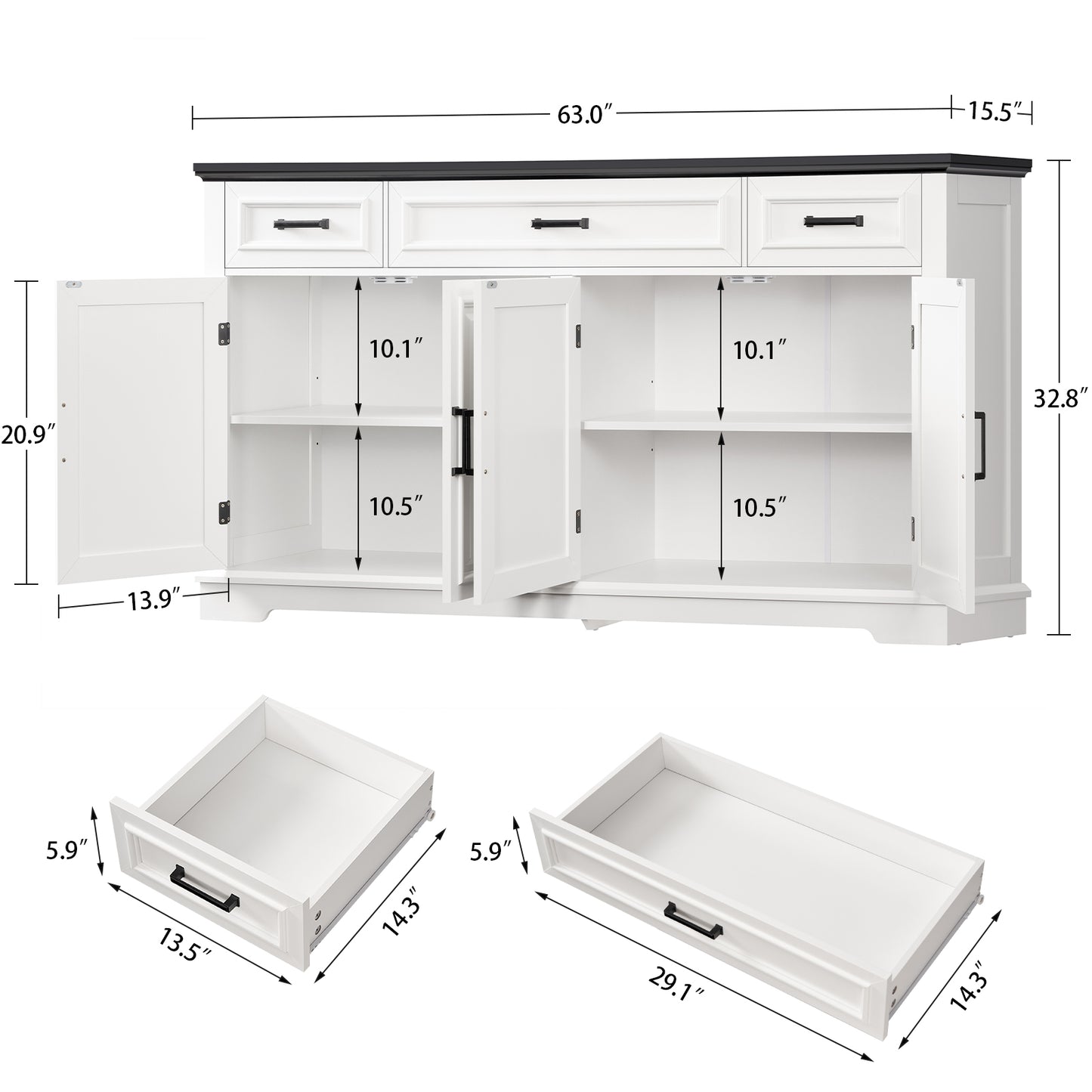 usikey 63” Large Buffet Cabinet with 4 Doors and 3 Drawers, Buffet Sideboard Cabinet with Storage and 2 Adjustable Shelves, Coffee Bar, Wine Bar for Living Room, White
