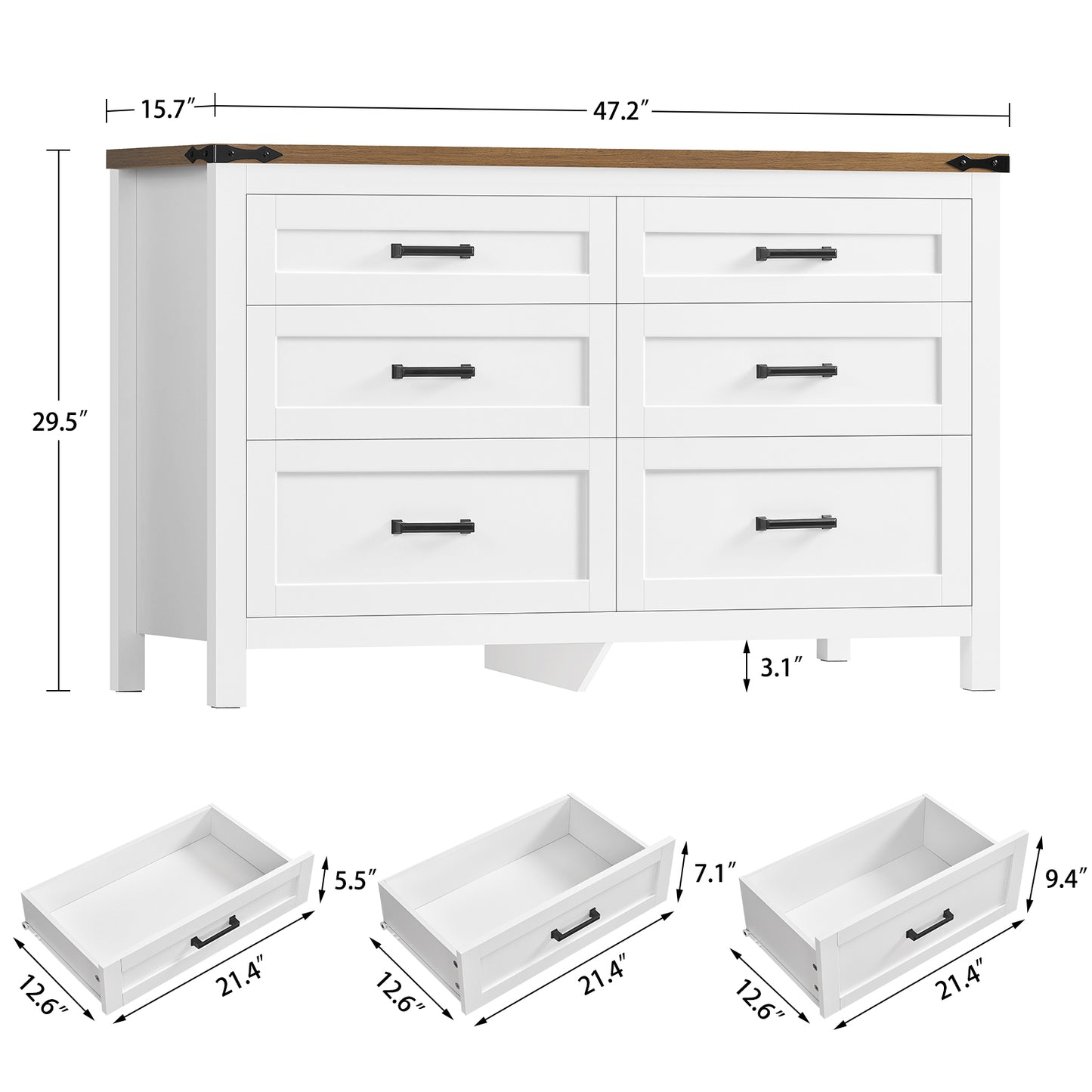 USIKEY Farmhouse 6 Drawer Dresser for Bedroom, 47.2'' Wide Wood Chest of Drawers , Dresser for Closet, Bedroom Dresser for Living Room, White