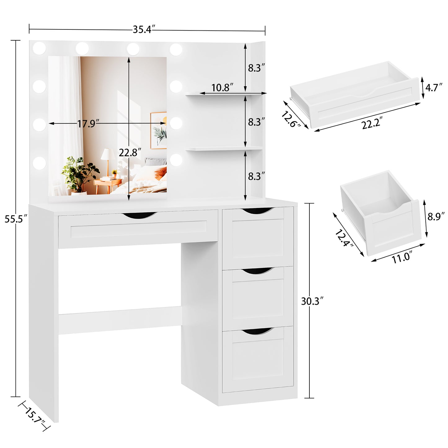 usikey Makeup Vanity Desk with Mirror and 10 LED Lights, Makeup Vanity Table with 4 Drawers, Vanity Desk Dressing Table with 2 Storage Shelves, 3 Color Modes Adjustable Brightness for Bedroom