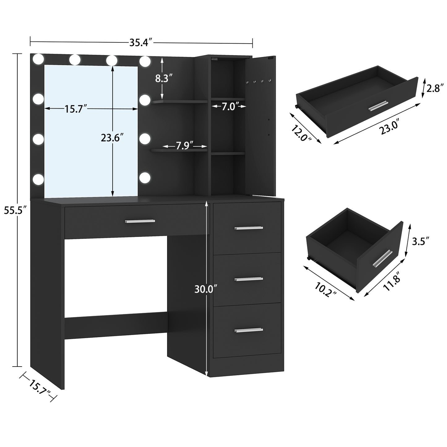 USIKEY Makeup Vanity with Lights, Vanity Desk with Mirror and 10 LED Lights, Vanity Table with 4 Drawers, Cabinet & 4 Necklace Hooks for Bedroom