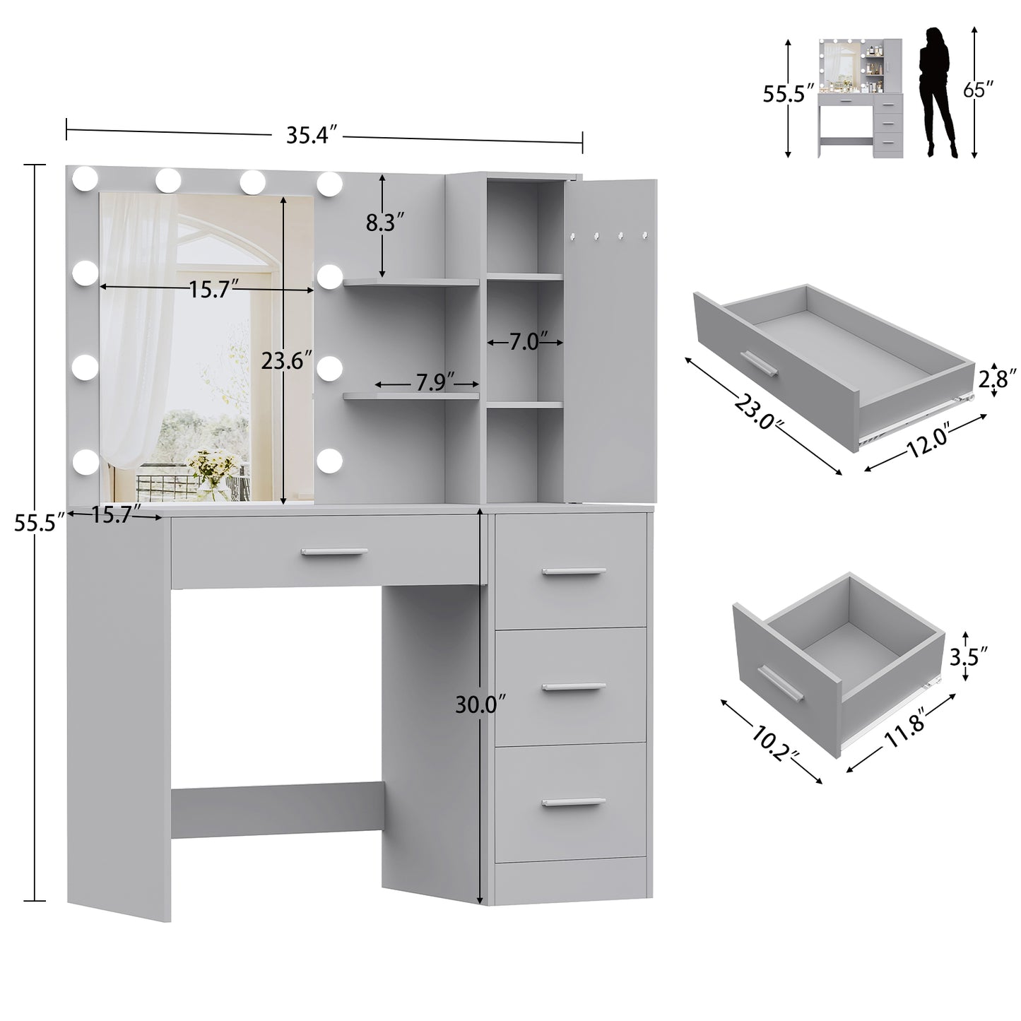 USIKEY Makeup Vanity with Lights, Vanity Desk with Mirror and 10 LED Lights, Vanity Table with 4 Drawers, Cabinet & 4 Necklace Hooks for Bedroom