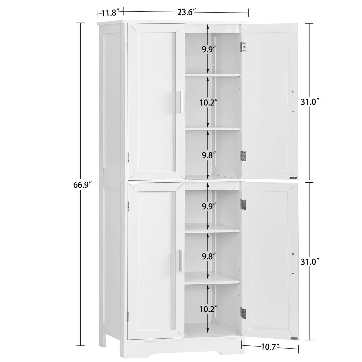 USIKEY 67” Storage Cabinet, Kitchen Pantry Cabinet with 4 Doors and Adjustable Shelves, Cupboard, Tall Bathroom Cabinets for Living Room, White