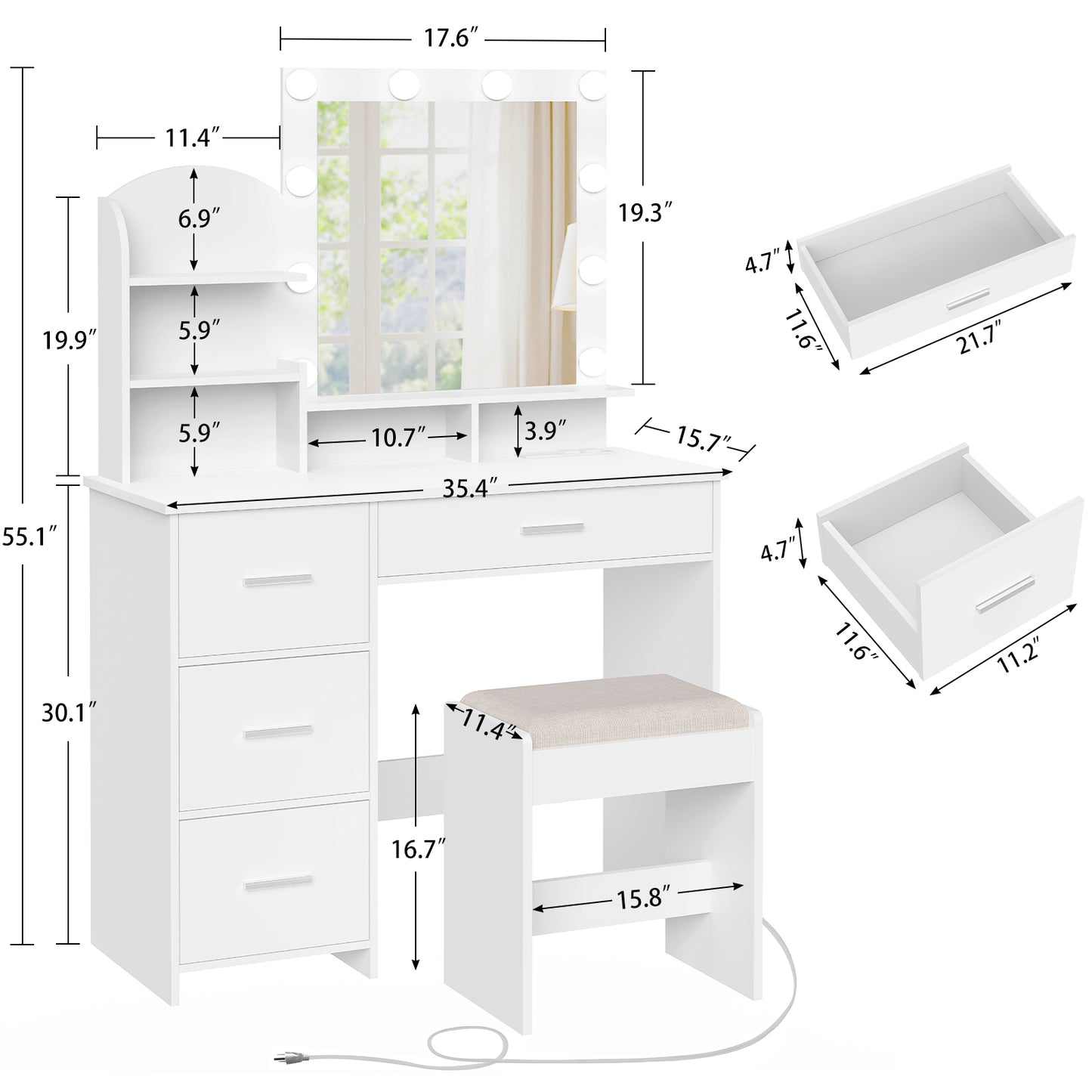 Makeup Vanity with 10 Light Bulbs and Charging Station, Vanity Desk with Lighted Mirror & 4 Drawers Chest, Vanity Set, Vanity Table Set with Cushioned Stool, for Bedroom