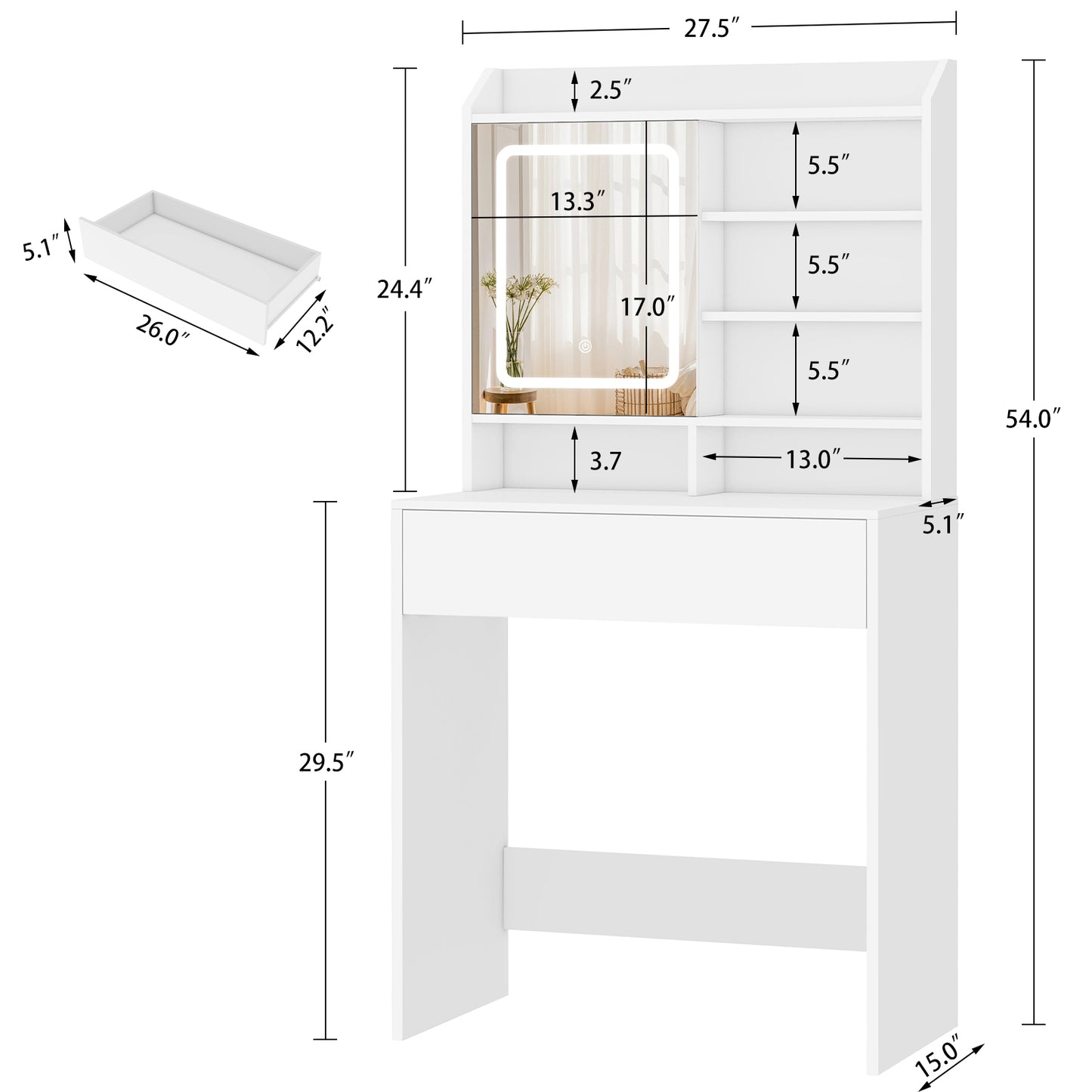 USIKEY Small Vanity Desk with Lighted Sliding Mirror, 3 Lighting Modes, Makeup Vanity Table with Storage Drawer and Hidden Storage Shelves