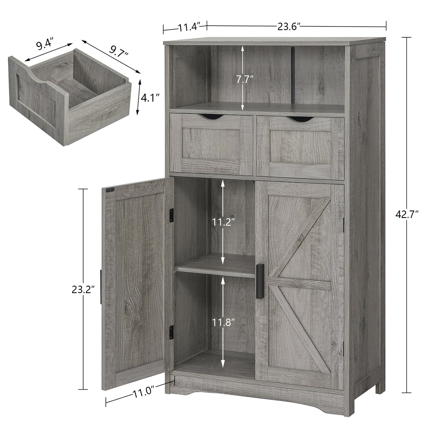 Bathroom Cabinet, Storage Cabinet with 2 Adjustable Drawers & 2 Barn Doors, Standing Cupboard with 2 Shelf, Floor Cabinet for Living Room, Home Office, Kitchen