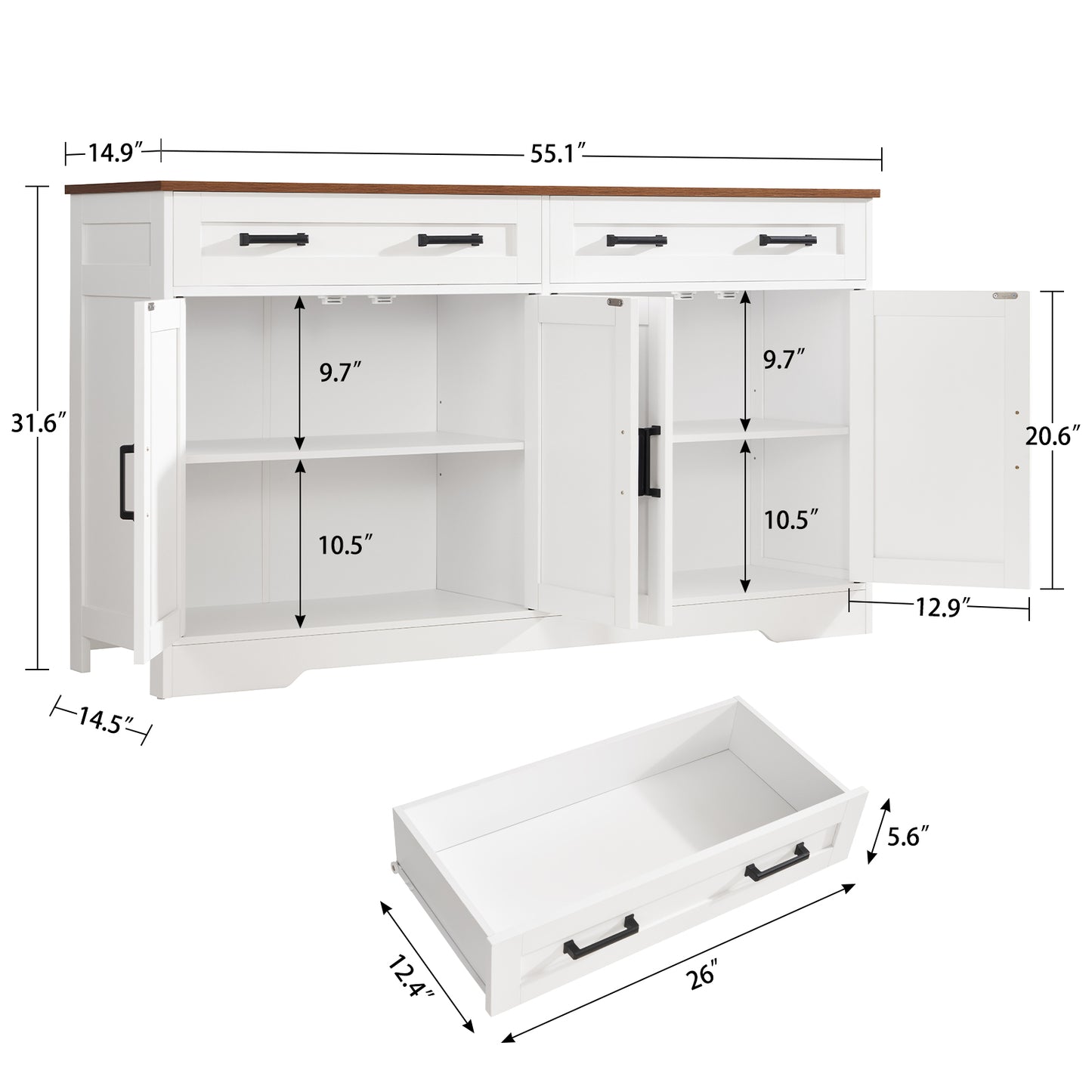 USIKEY 55" Large Sideboard Buffet Cabinet with 4 Doors  and 2 Drawers, Modern Coffee Bar with Adjustable Shelves for Kitchen, Dining Room, White