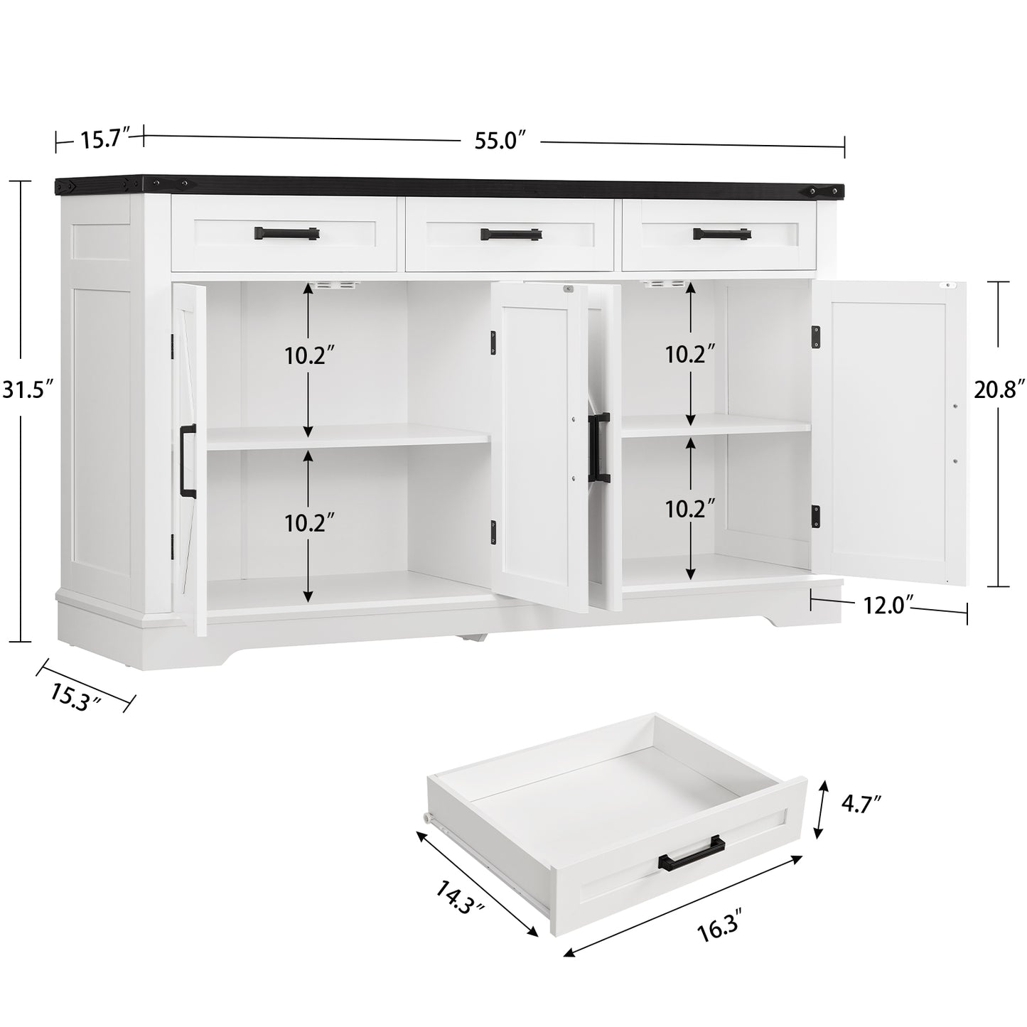 USIKEY 55" Buffet Cabinet With Storage, Large Sideboard Buffet Storage Cabinet With 3 Drawers, Farmhouse Coffee Bar Cabinet, For Kitchen, Living Room