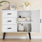 USIKEY Storage Cabinet with Rattan Door & 3 Drawers, Entryway Cabinet with Adjustable Shelf, Accent Cabinet for Living Room