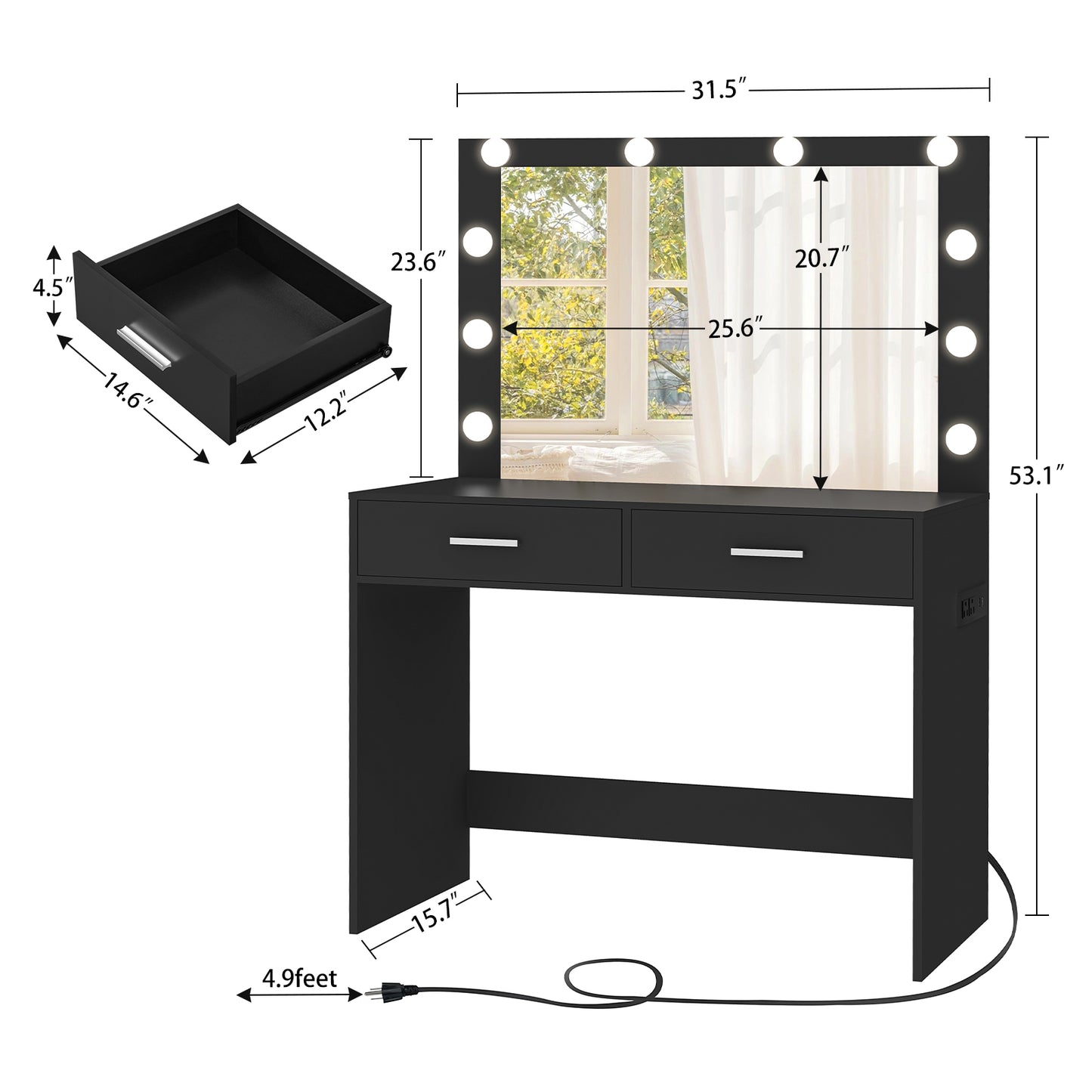 usikey Vanity Desk with Large Lighted Mirror, Makeup Vanity with 10 Lights, 2 Drawers & Power Strip, Vanity Desk Set, Dressing Vanity Tables for Women Girls, Bedroom, White