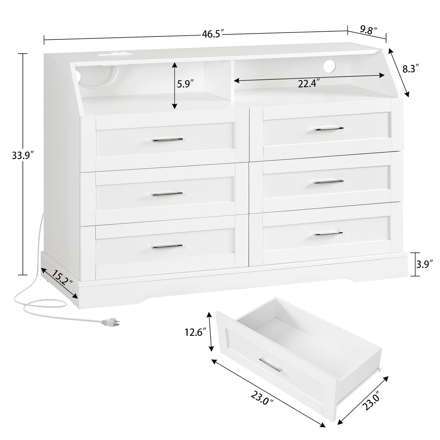 White Dresser for Bedroom, 6 Drawer Dresser with Charging Station & LED Lights, Dressers & Chests of Drawers, Dresser TV Stand for Bedroom, White