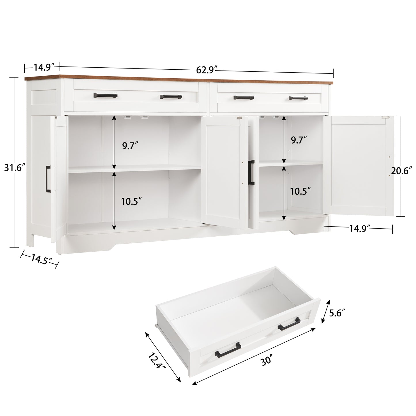 USIKEY 55" Large Sideboard Buffet Cabinet with 4 Doors  and 2 Drawers, Modern Coffee Bar with Adjustable Shelves for Kitchen, Dining Room, White