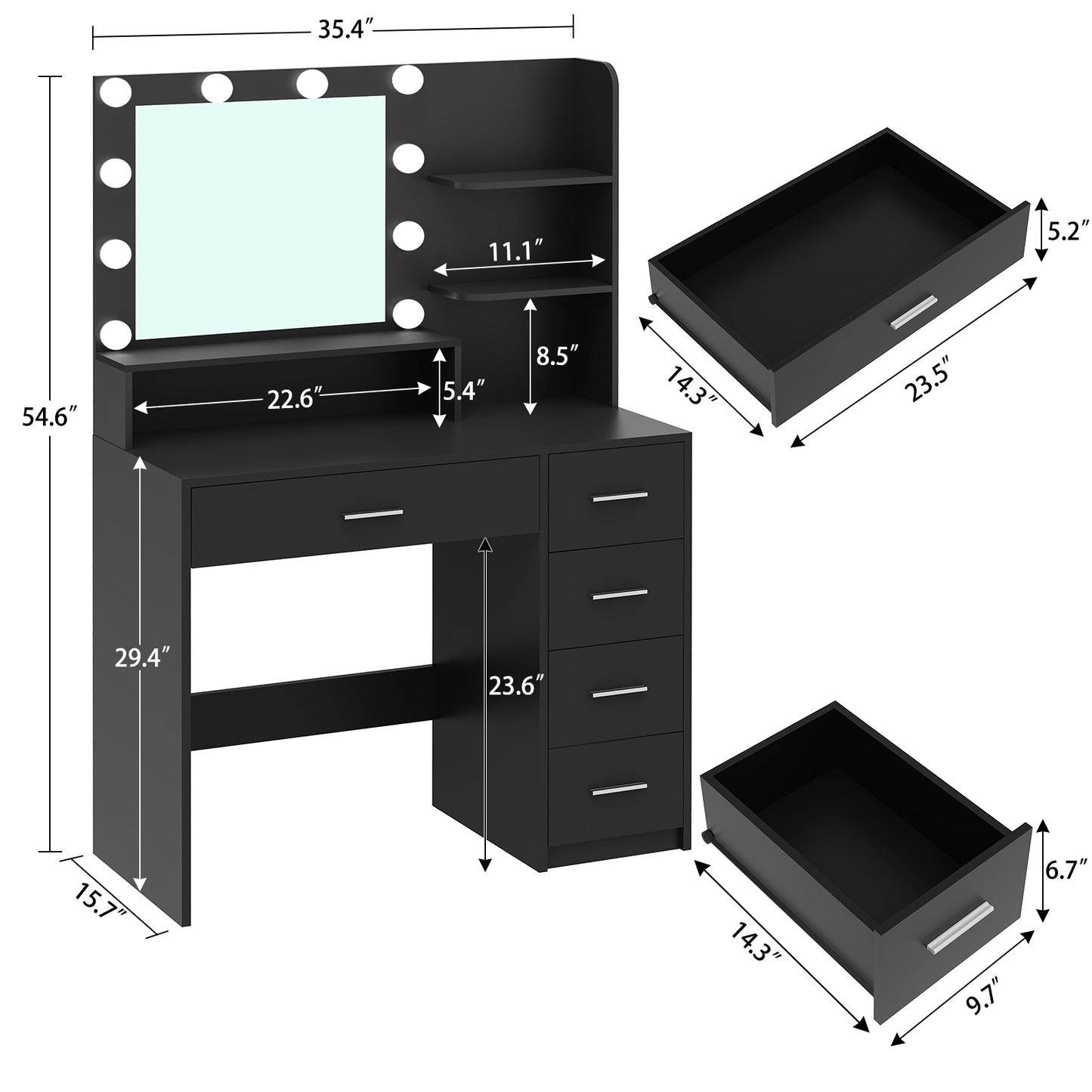 Makeup Vanity Desk with Mirror & Lights, Vanity Desk with 5 Drawers & Storage Shelves, Vanity Table, 3 Color Modes & Adjustable Brightness Dressing Table, Bedroom