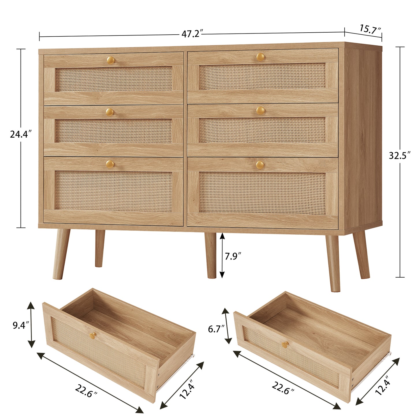 47.2''Wide 6 Drawer Dresser for Bedroom, Rattan Dresser Chest of Drawers, Modern Wood Dresser Chest for Bedroom, Living Room, Entryway, Natural