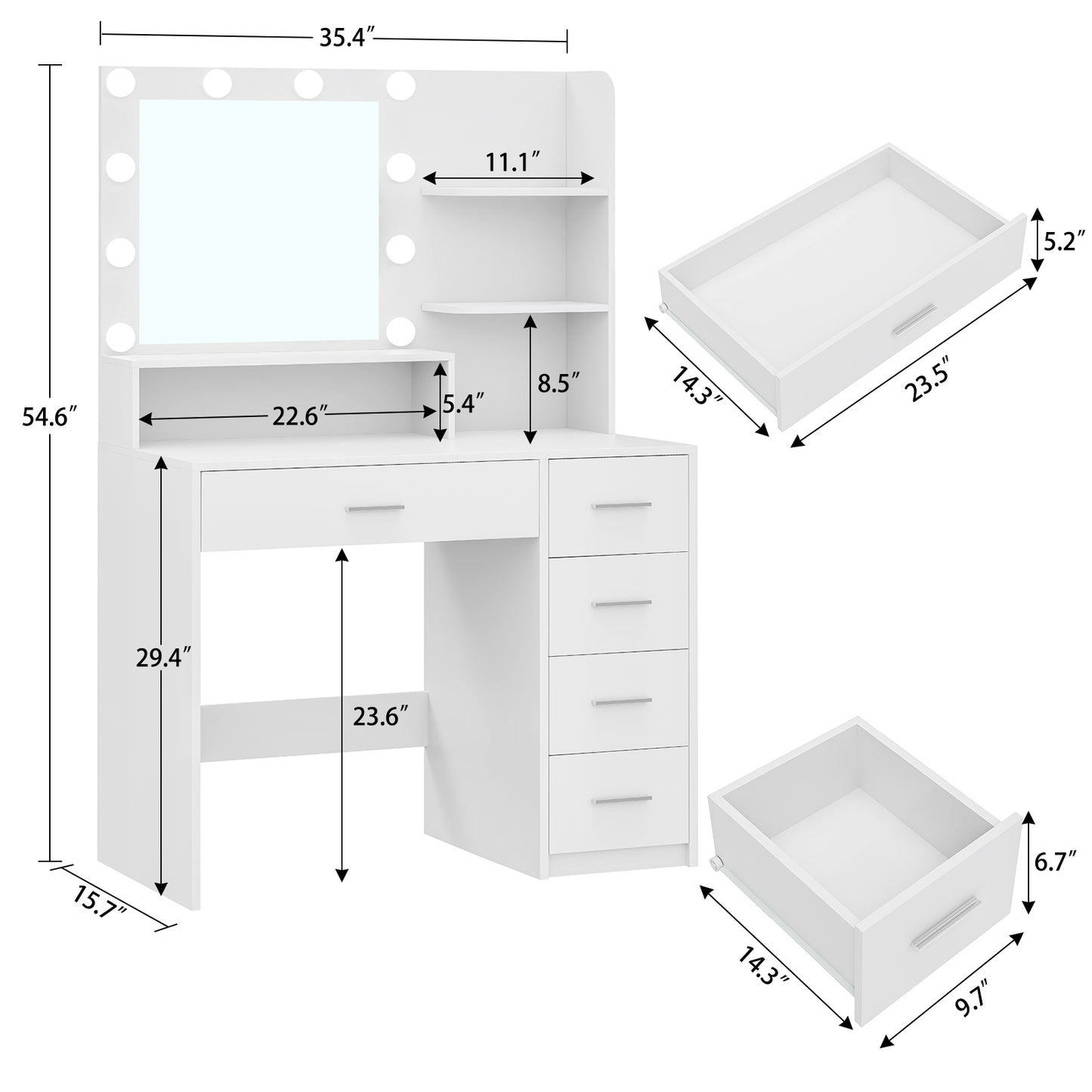 Makeup Vanity Desk with Mirror & Lights, Vanity Desk with 5 Drawers & Storage Shelves, Vanity Table, 3 Color Modes & Adjustable Brightness Dressing Table, Bedroom