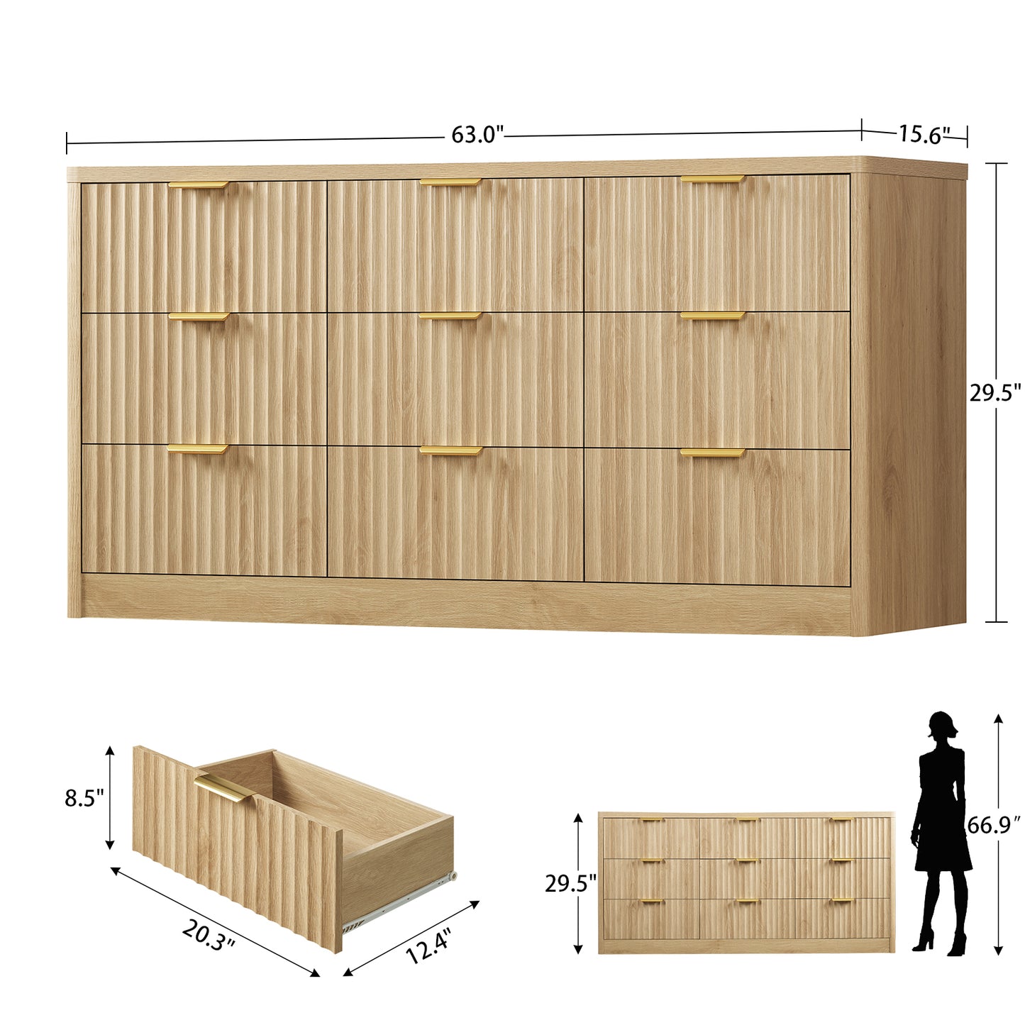 Usikey Fluted Dresser with 9 Drawers 63'' Wide Modern Dressers with Wood Chests of Drawers with Gold Handle &  Natural Wood TV Dresser for Bedroom