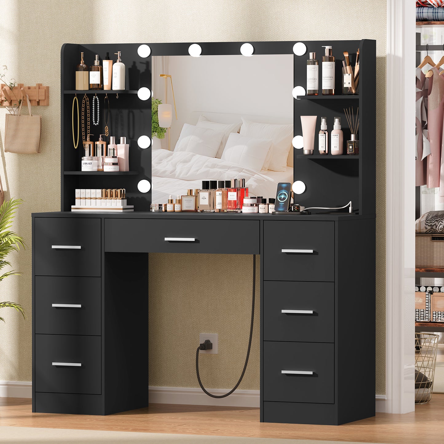 Large Vanity Desk with LED Lighted Mirror & Power Outlet,Makeup Vanity Table with 7 Drawers,4 Shelves and 5 Hooks,Vanity Table, Vanity Desk Set for Bedroom,Bathroom,White