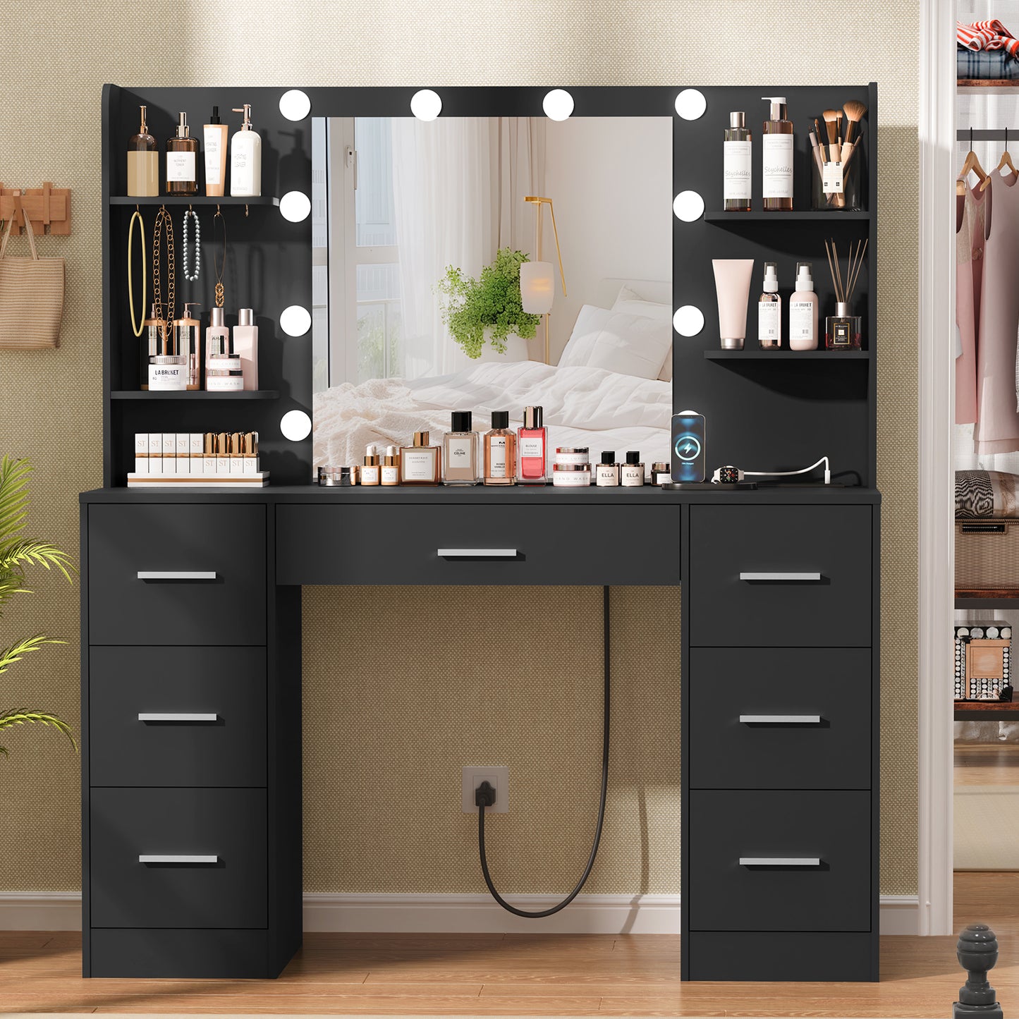 Large Vanity Desk with LED Lighted Mirror & Power Outlet,Makeup Vanity Table with 7 Drawers,4 Shelves and 5 Hooks,Vanity Table, Vanity Desk Set for Bedroom,Bathroom,White