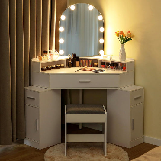 Corner Vanity Desk with Mirror and Lights, Makeup Vanity Table with Charging Station, 3 Drawers & Retractable Side Cabinets, Vanity Desk with Cushioned Stool for Christmas Day