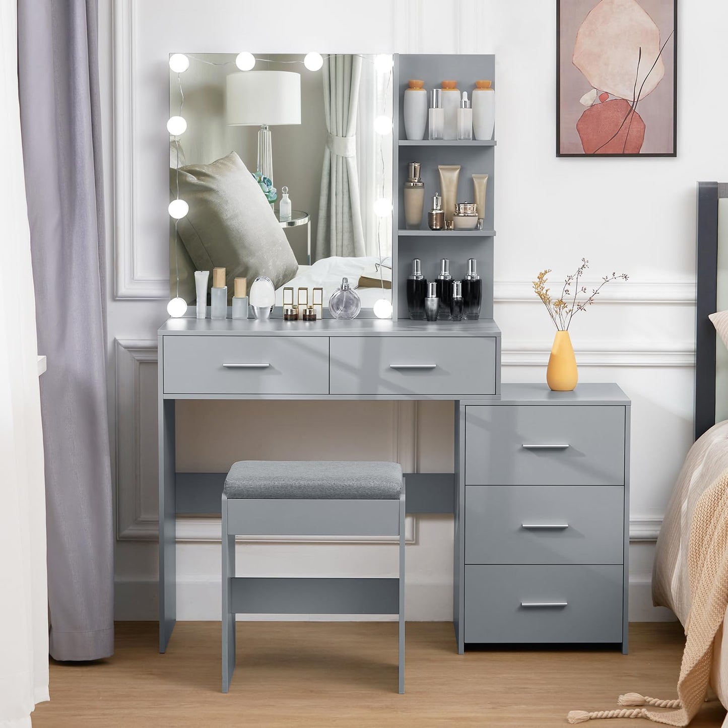 Large Vanity Desk with Mirror & 10 LED Lights, Makeup Vanity Dressing Table with Power Strip, Storage Shelves & 5 Drawers, Vanity Table Set with Cushioned Stool for Women Girls