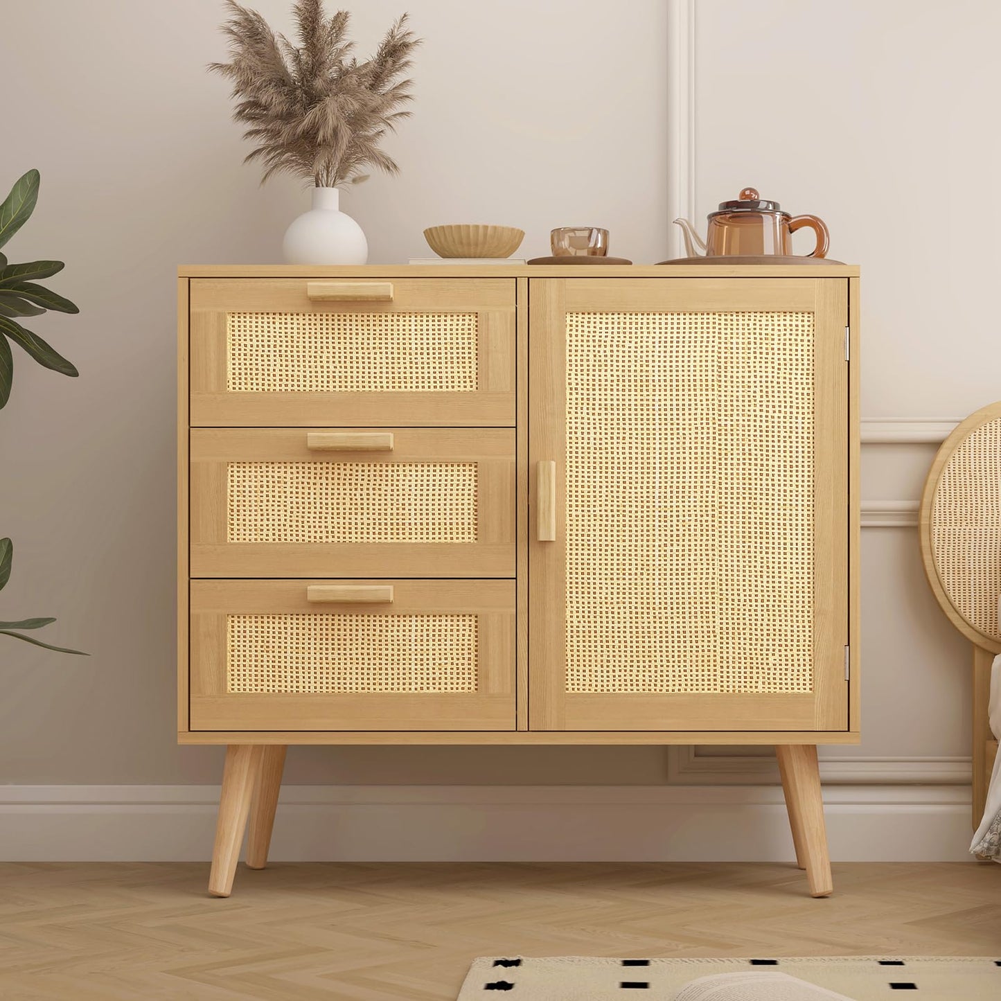 Storage Cabinet with 3 Drawers, Rattan Cabinet with Adjustable Shelf, Accent Cabinet for Living Room, Entryway