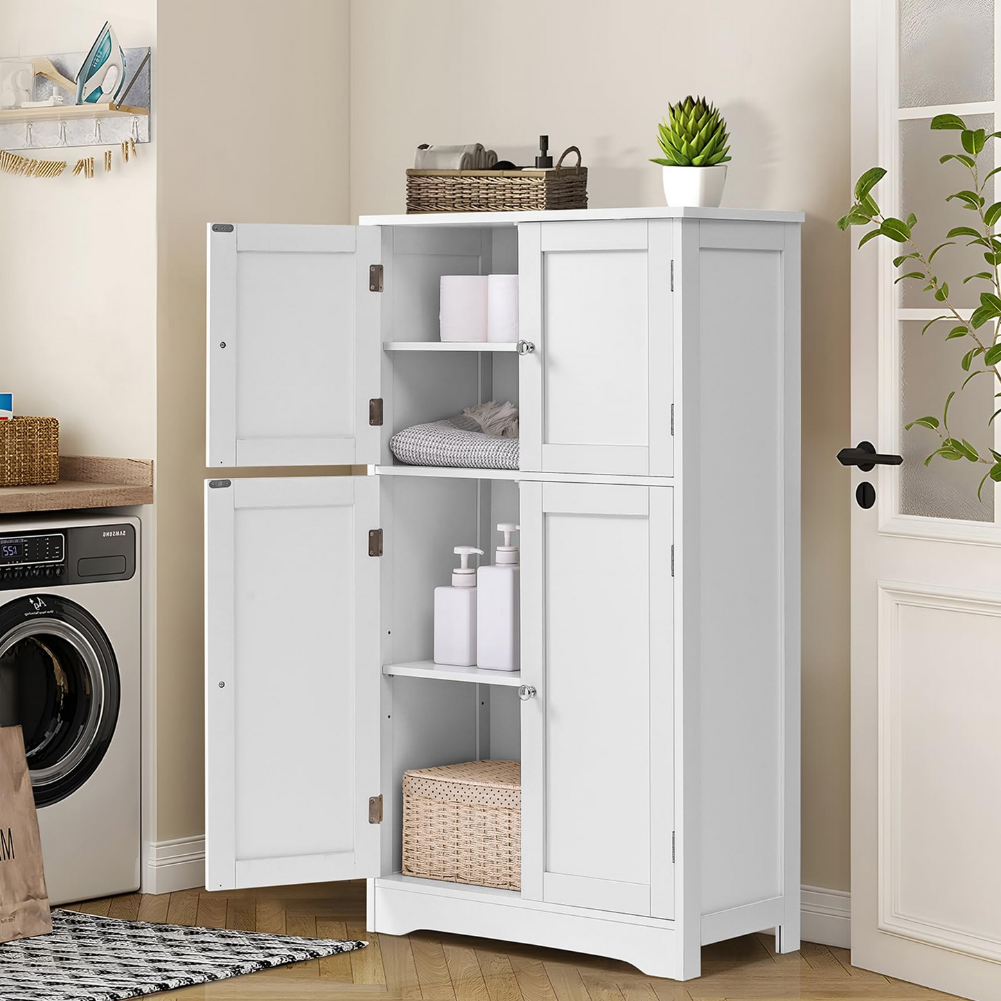 Storage Cabinet, Bathroom Cabinet with 4 Doors & Adjustable Shelf, Cupboard, Bathroom Floor Cabinet for Living Room, Entryway, Home Office, Grey