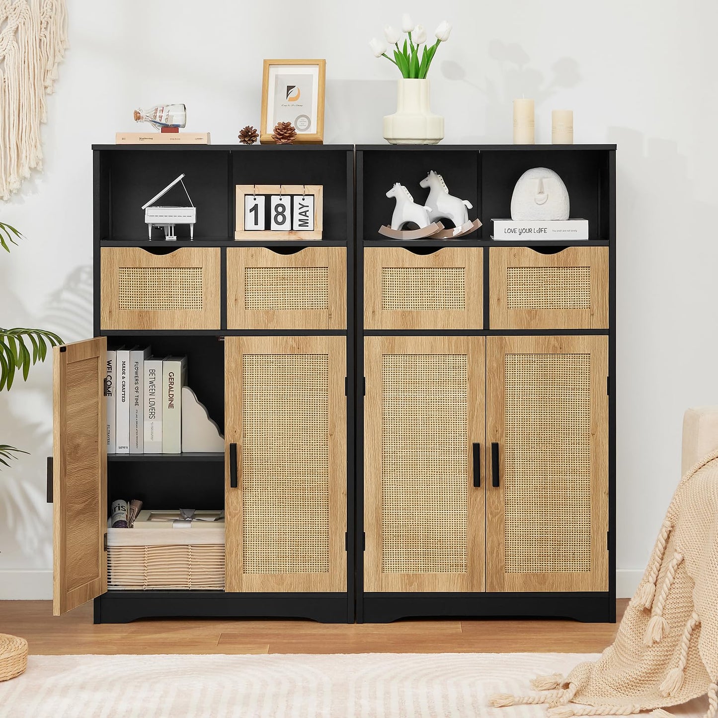 Large Storage Cabinet, Rattan Cabinet with 2 Drawers & 2 Shelves, Cupboard, Floor Cabinet for Living Room, Home Office, Natural & Black