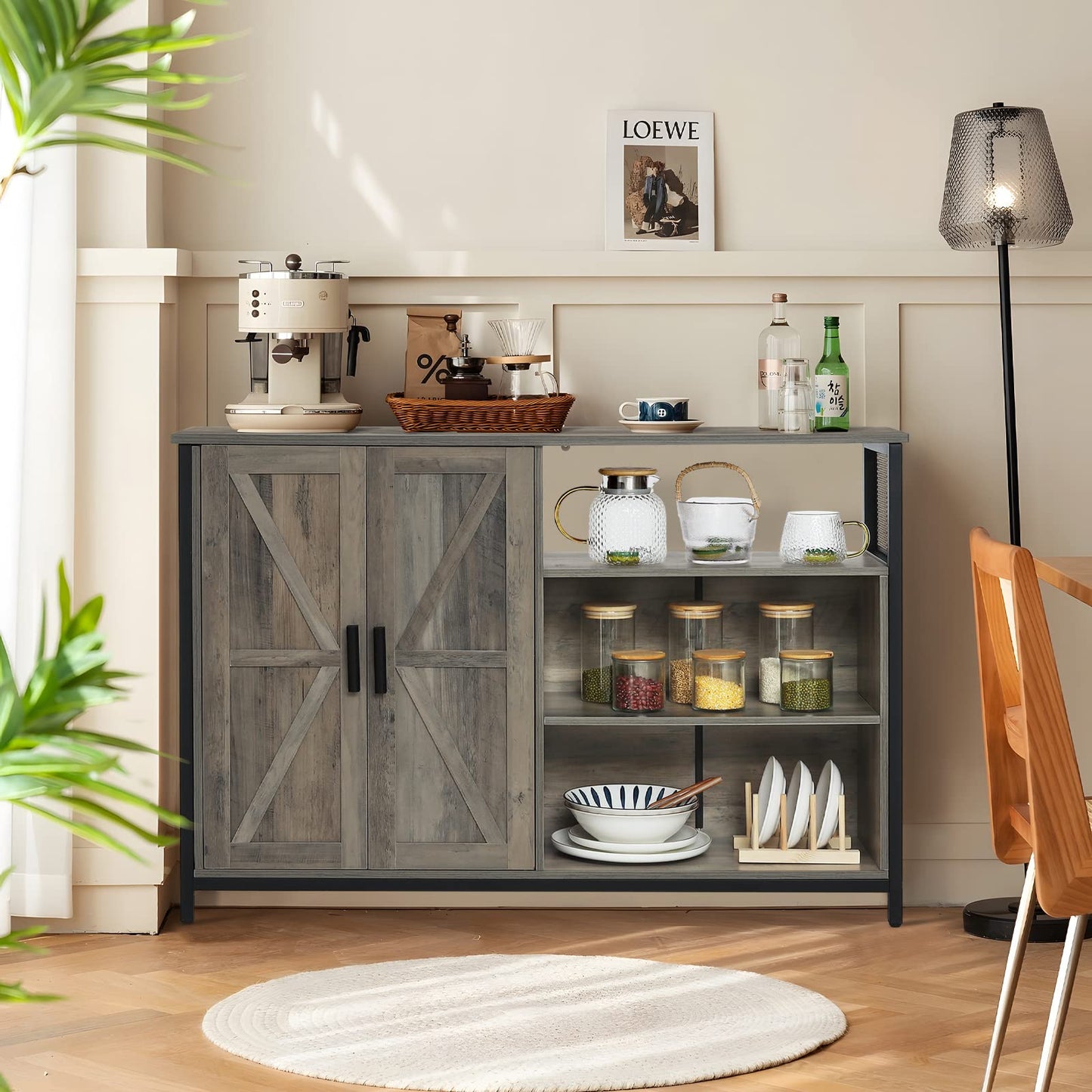 Floor Storage Cabinet, Buffet Storage Cabinet with 2 Barn Doors, Industrial Sideboard with Adjustable Shelves, Buffet Table for Dining Room, Living Room, Kitchen