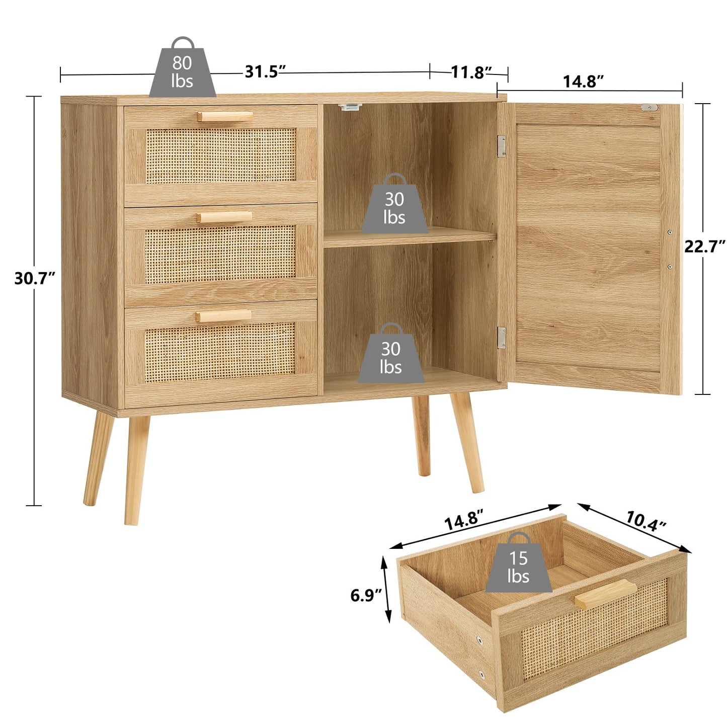 Storage Cabinet with 3 Drawers, Rattan Cabinet with Adjustable Shelf, Accent Cabinet for Living Room, Entryway