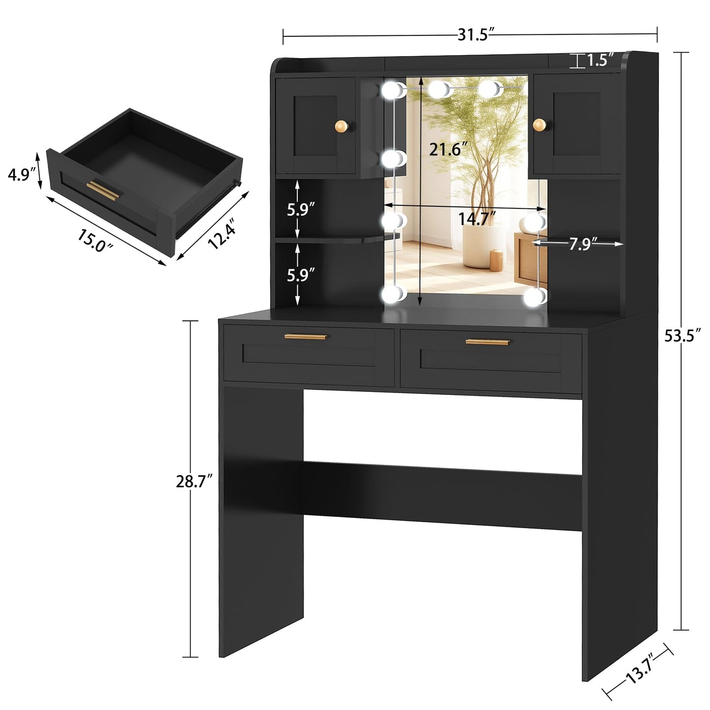 Vanity Desk with Mirror and Lights, Makeup Vanity Table with 2 Drawers, 2 Cabinets & 2 Shelves, Vanity Desk, Vanity Table for Girls Women, Bedroom