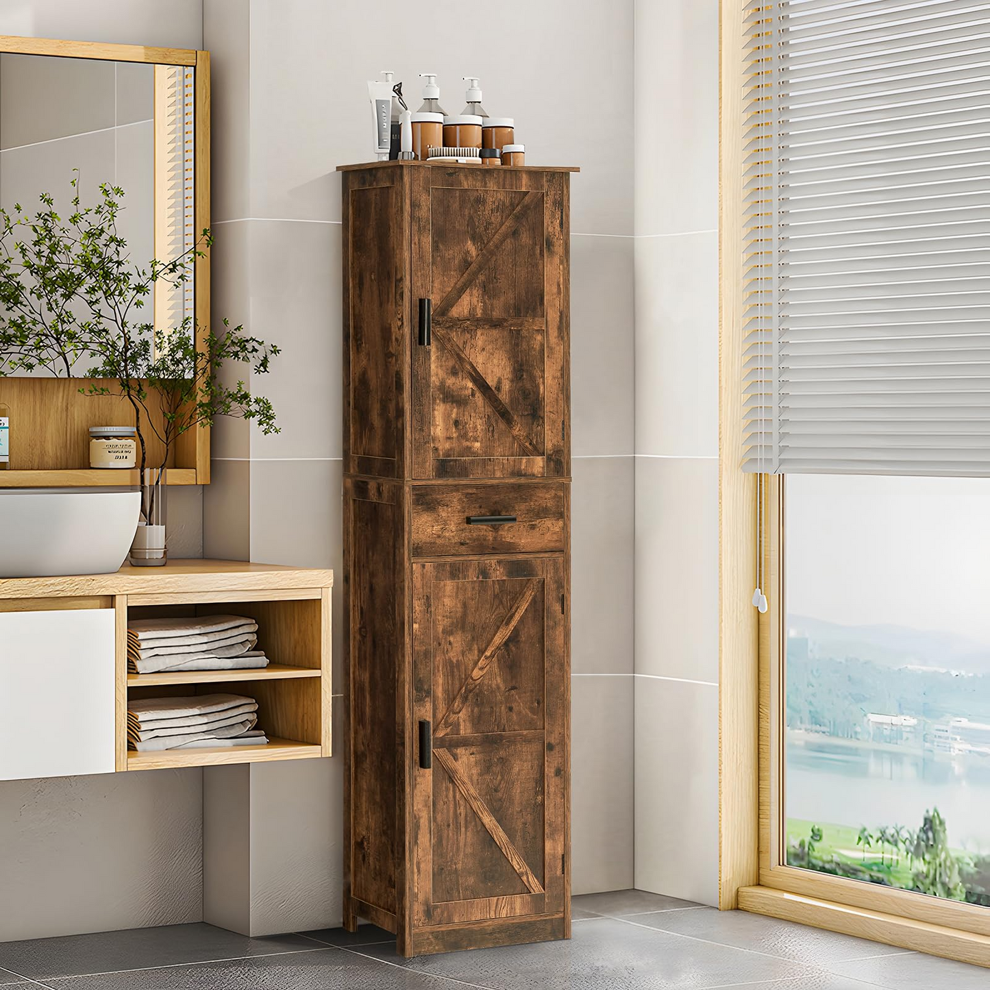 Tall Bathroom Cabinet, Storage Cabinet with 6 Shelves & Drawer, Bathroom Storage Cabinet with Adjustable Shelves, Tall Cabinet for Living Room, Home Office