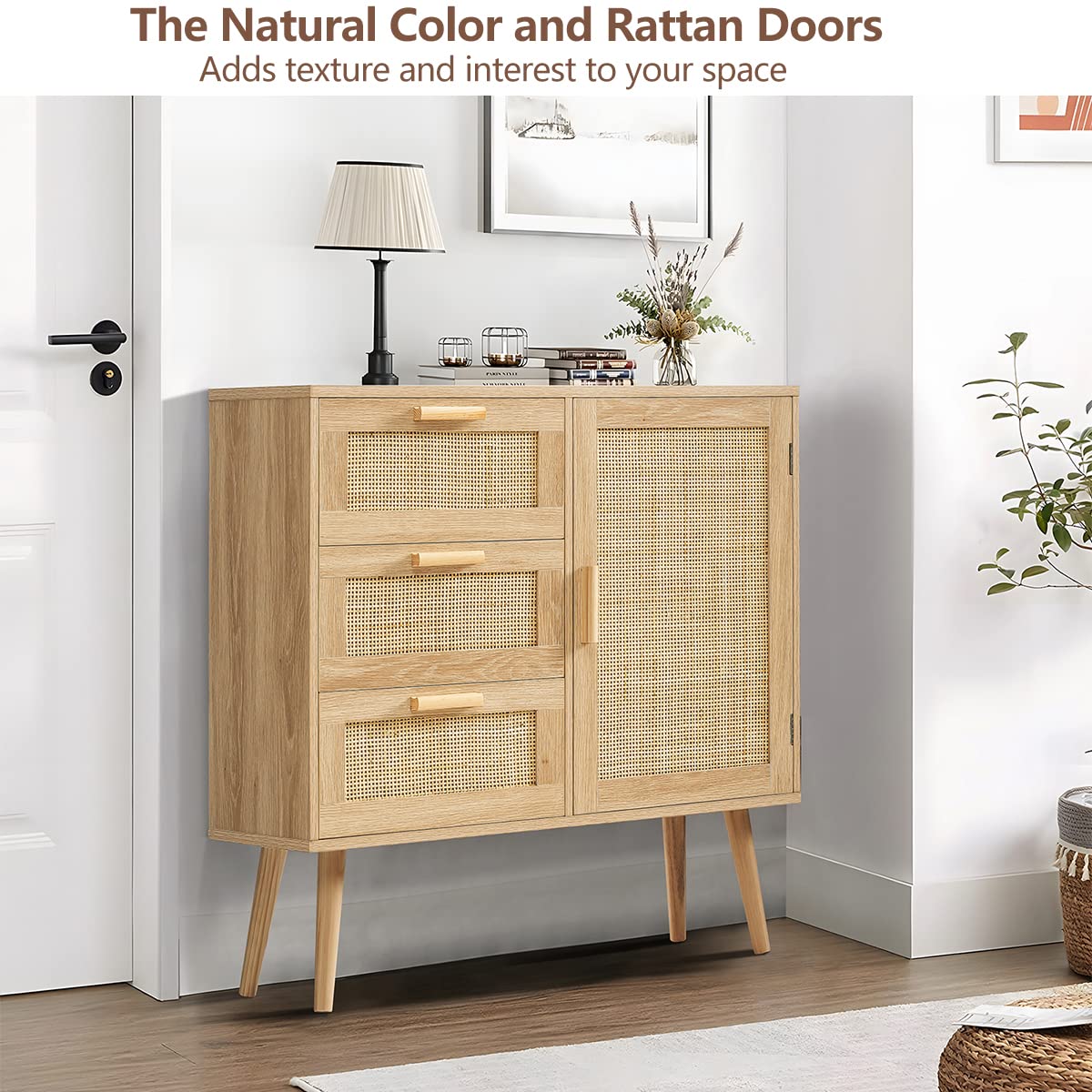 Storage Cabinet with 3 Drawers, Rattan Cabinet with Adjustable Shelf, Accent Cabinet for Living Room, Entryway