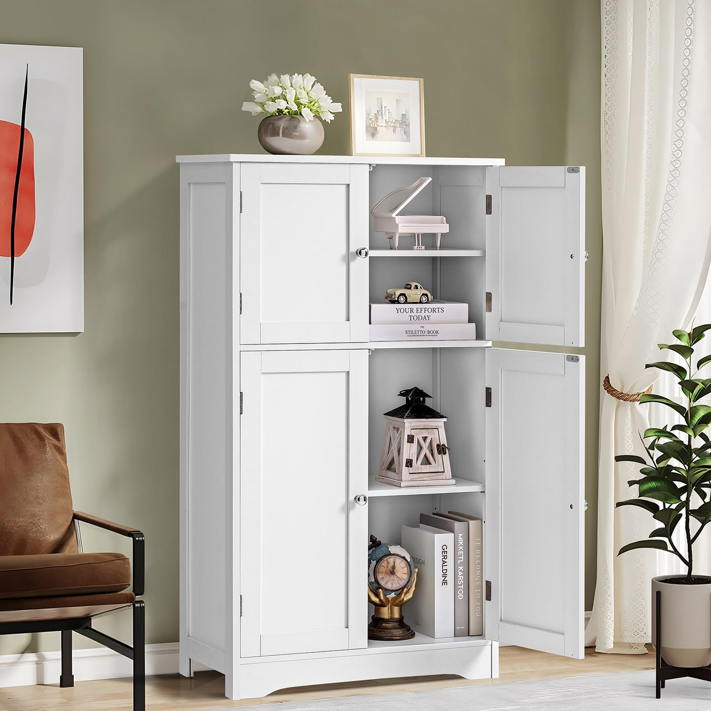 Storage Cabinet, Bathroom Cabinet with 4 Doors & Adjustable Shelf, Cupboard, Bathroom Floor Cabinet for Living Room, Entryway, Home Office, Grey