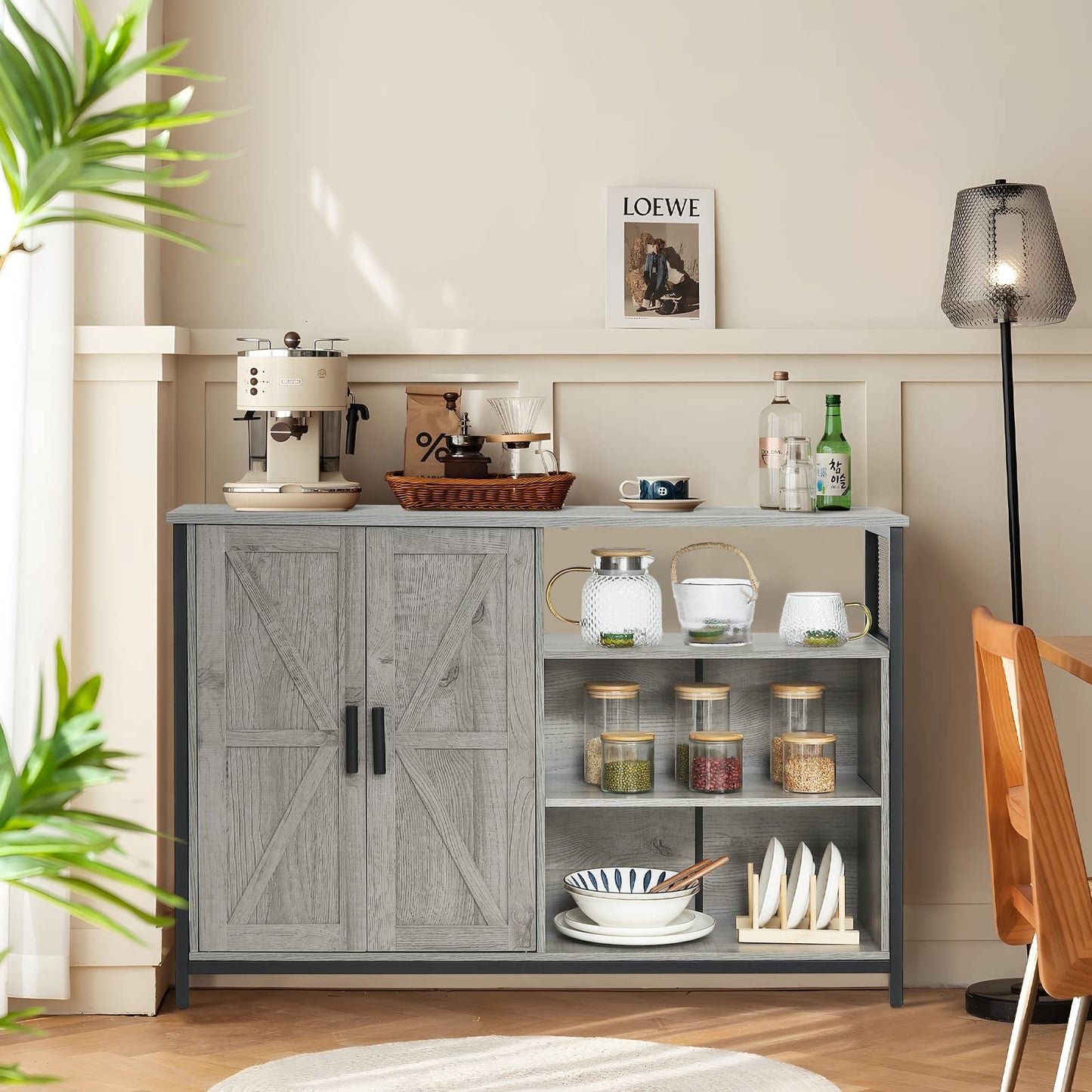 Floor Storage Cabinet, Buffet Storage Cabinet with 2 Barn Doors, Industrial Sideboard with Adjustable Shelves, Buffet Table for Dining Room, Living Room, Kitchen