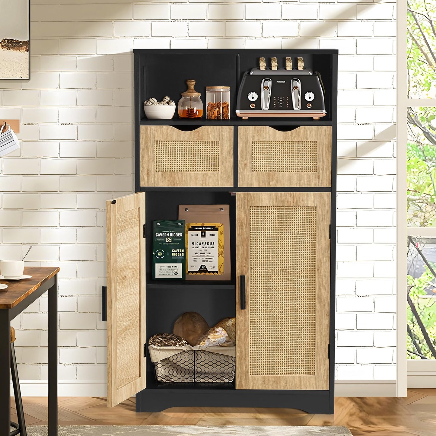 Large Storage Cabinet, Rattan Cabinet with 2 Drawers & 2 Shelves, Cupboard, Floor Cabinet for Living Room, Home Office, Natural & Black