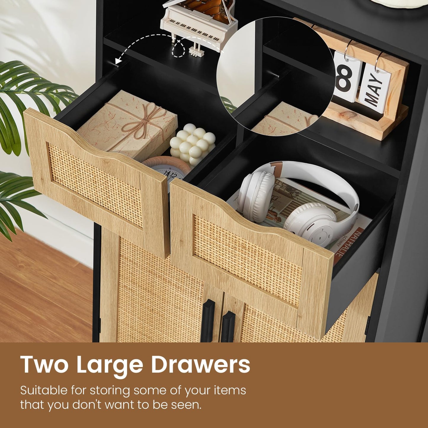 Large Storage Cabinet, Rattan Cabinet with 2 Drawers & 2 Shelves, Cupboard, Floor Cabinet for Living Room, Home Office, Natural & Black