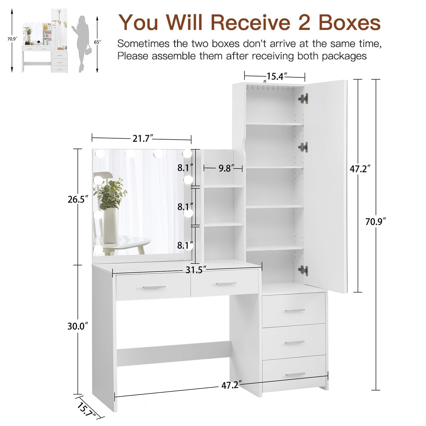 Vanity Desk with Full-Length Mirror and Lights, Makeup Vanity Table with Jewelry Cabinet, 2 Drawers & 2 Shelves,Vanity Desk, Vanity Table for Girls Women, Bedroom, White