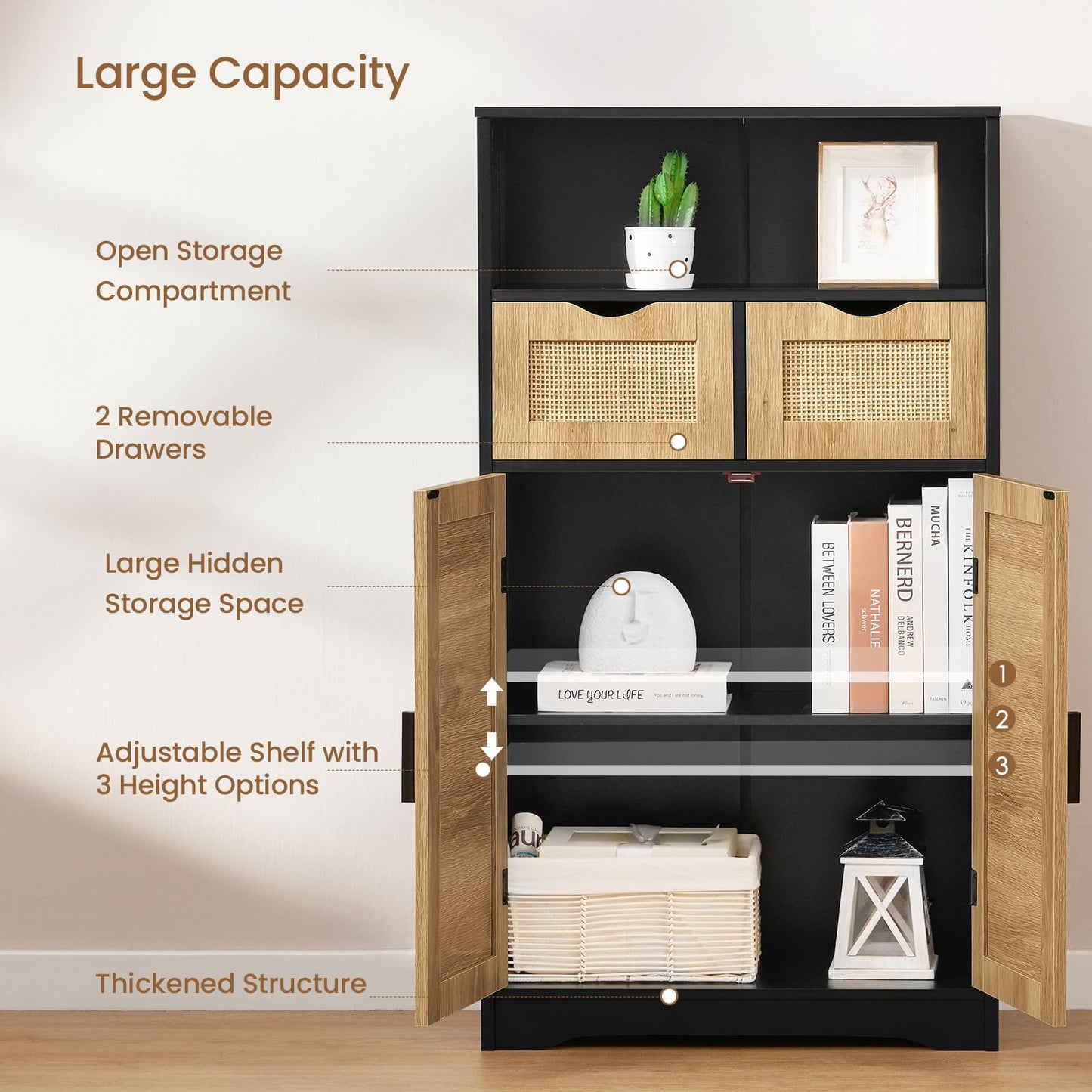 Large Storage Cabinet, Rattan Cabinet with 2 Drawers & 2 Shelves, Cupboard, Floor Cabinet for Living Room, Home Office, Natural & Black