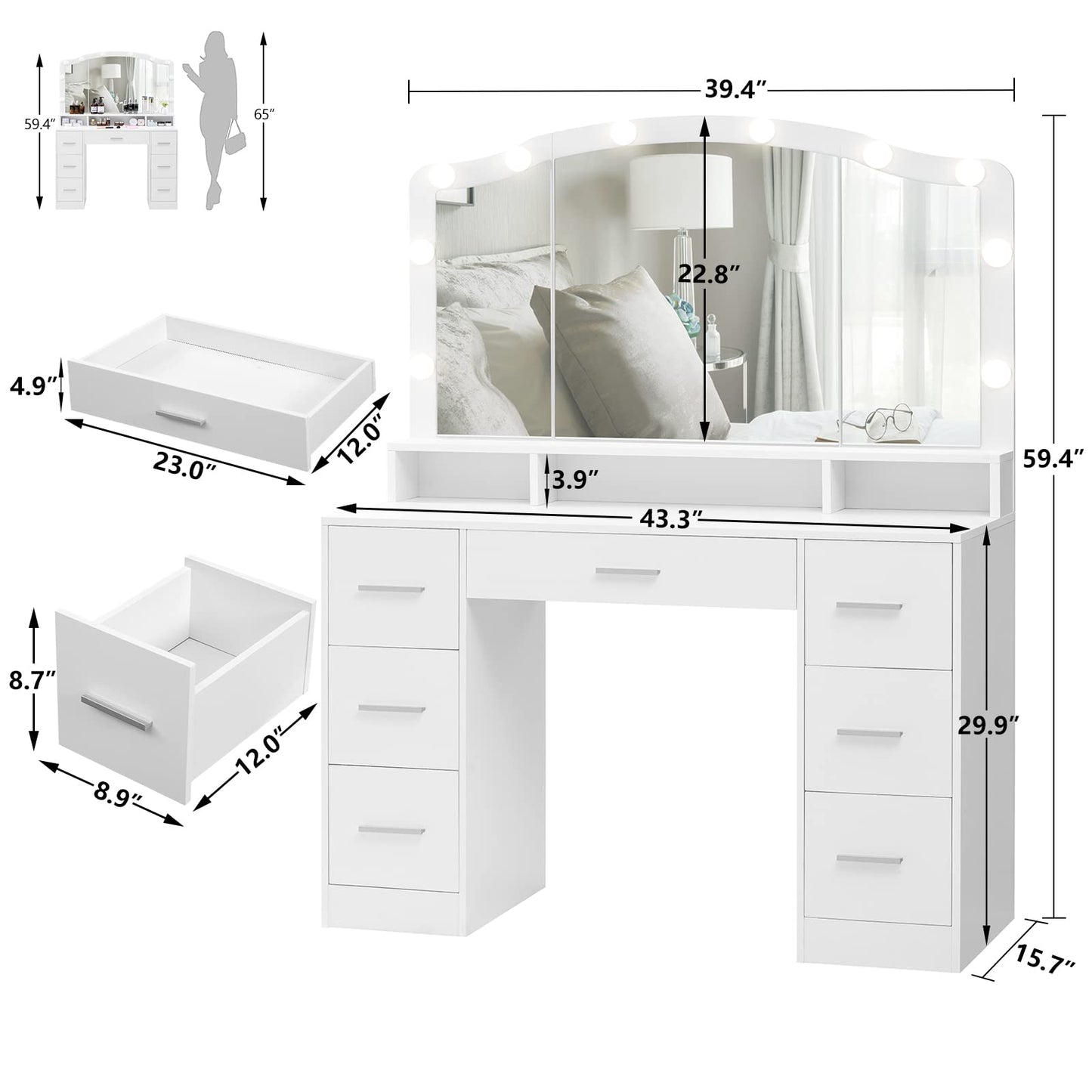 usikey 43.3" Vanity Desk with Large Lighted Mirror, Makeup Vanity Table with 7 Drawers & 10 Lights Bulbs, 3 Lighting Colors, Make Vanity Desk, Vanity Table for Women Girls