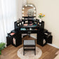 Corner Vanity Desk with Mirror and Lights, Makeup Vanity Table with Charging Station, 3 Drawers & Retractable Side Cabinets, Vanity Desk with Cushioned Stool for Christmas Day