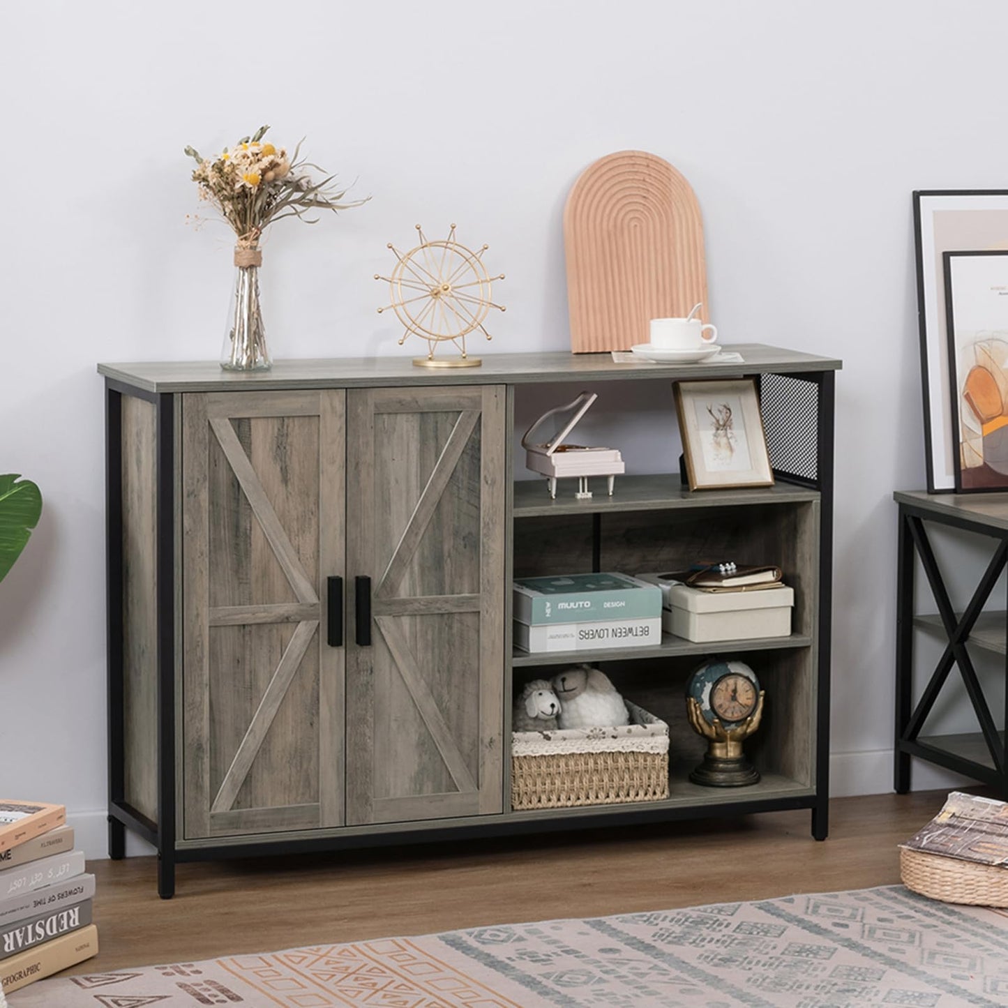 Floor Storage Cabinet, Buffet Storage Cabinet with 2 Barn Doors, Industrial Sideboard with Adjustable Shelves, Buffet Table for Dining Room, Living Room, Kitchen