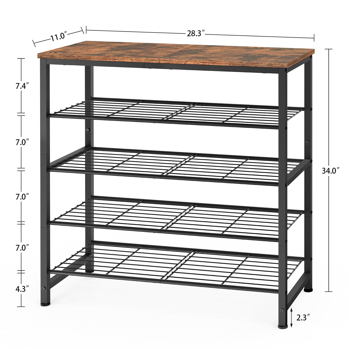 USIKEY 5-Tier Shoe Rack, Industrial Shoe Storage Organizer for 12-16 Pairs of Shoes, Metal Shoe Shelf with Wooden Top, Shoe Stand with 3 Metal Shelves for Entryway, Hallway, Closet, Rustic Brown