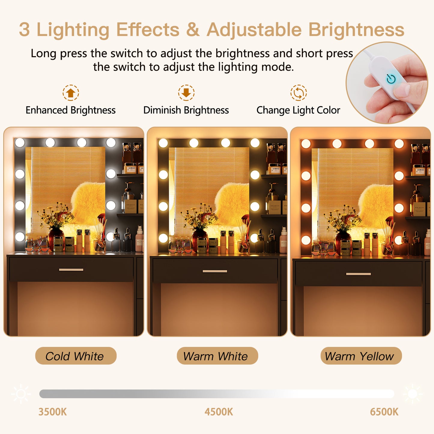 USIKEY Makeup Vanity with Lights, Vanity Desk with Mirror and 10 LED Lights, Vanity Table with 4 Drawers, Cabinet & 4 Necklace Hooks for Bedroom