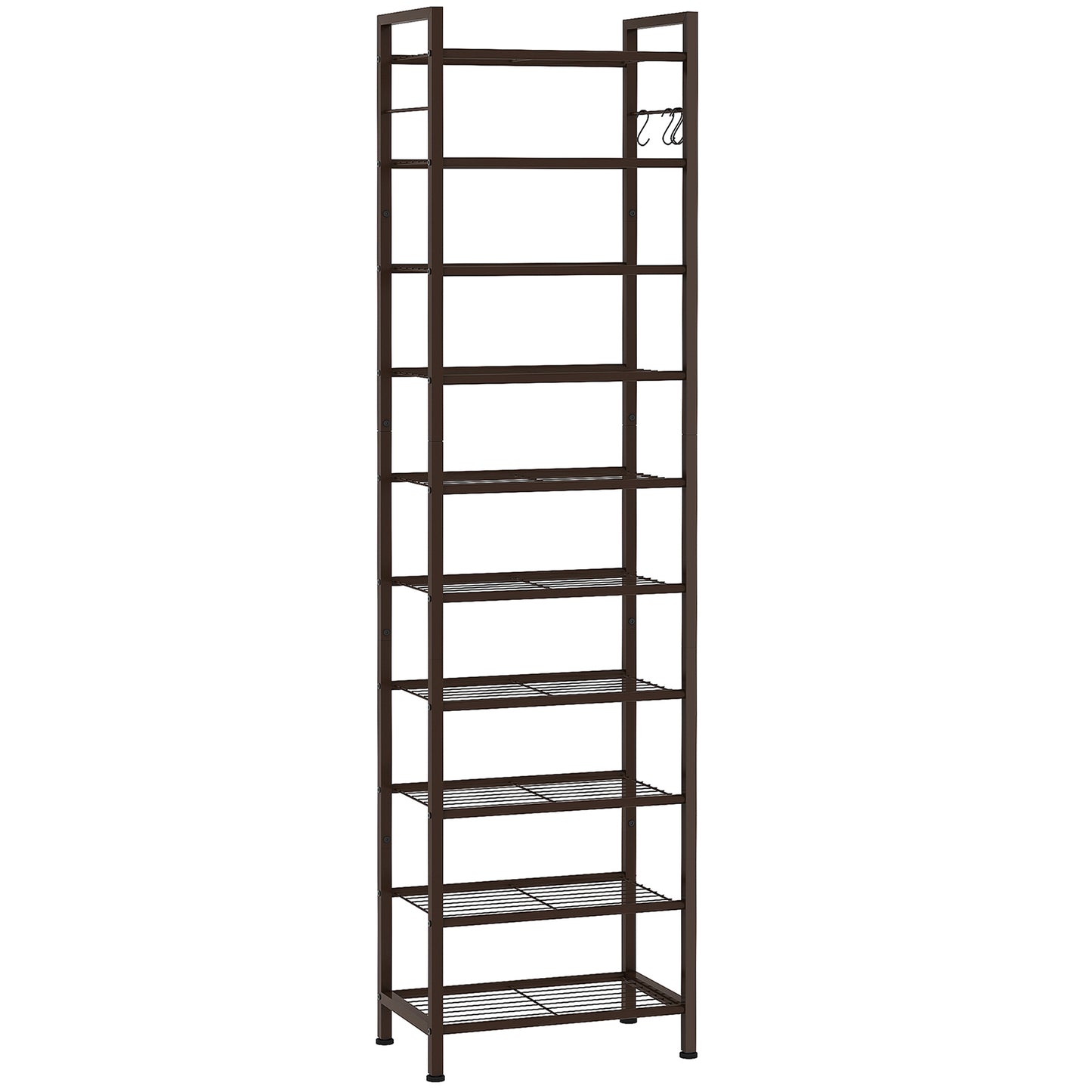 USIKEY 10 Tiers Narrow Shoe Rack 20-30 Pairs, Sturdy Metal Tall Shoe Rack Shelf with 4 Hooks, Slim Shoe Storage Organizer with Metal Shelf, Space Saving Vertical Shoe Rack for Entryway, Closets