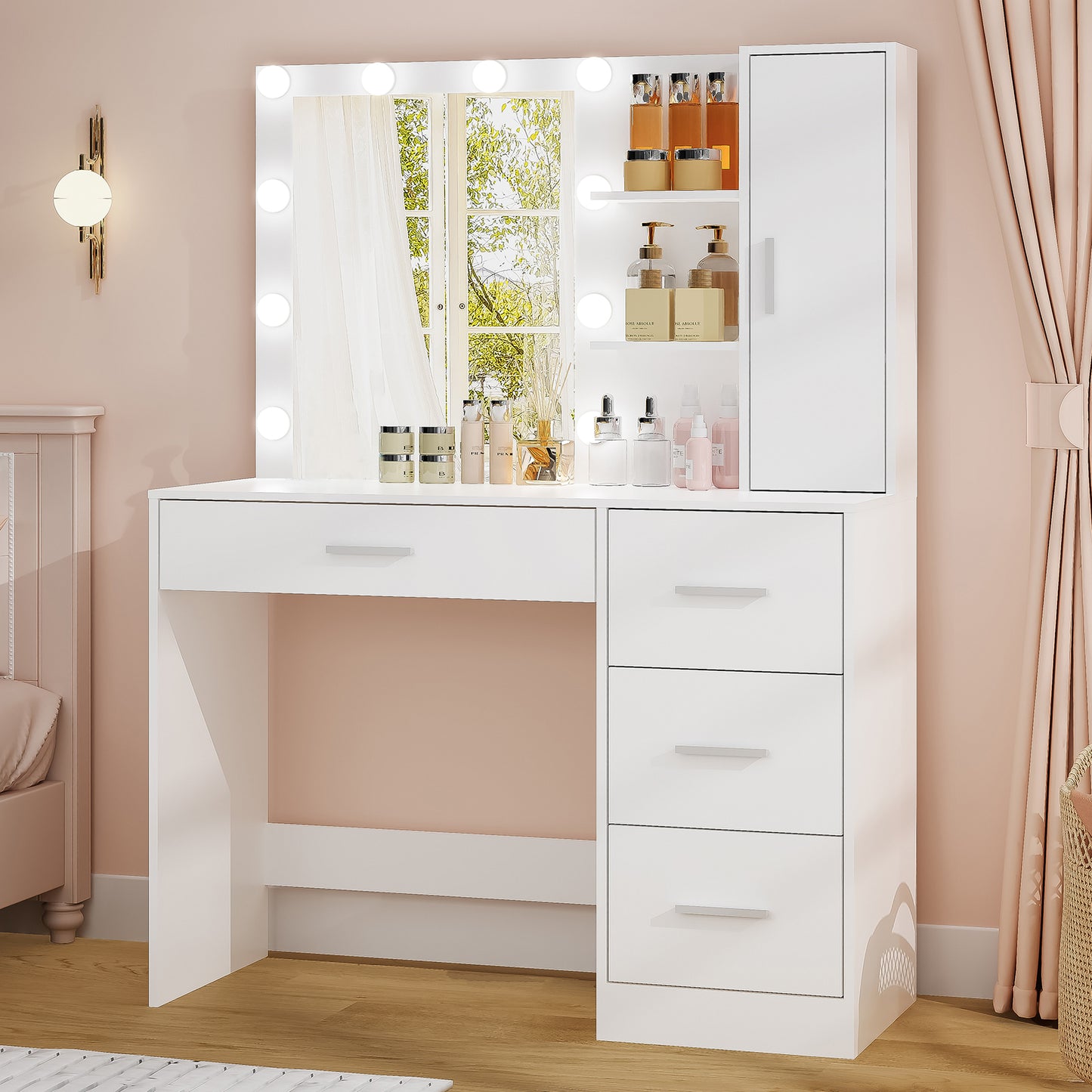 usikey Makeup Vanity with Lights, Vanity Desk with Mirror and 10 LED Lights, Vanity Table Set with 4 Drawers, Cabinet & 4 Necklace Hooks, Dressing Table for Bedroom, White